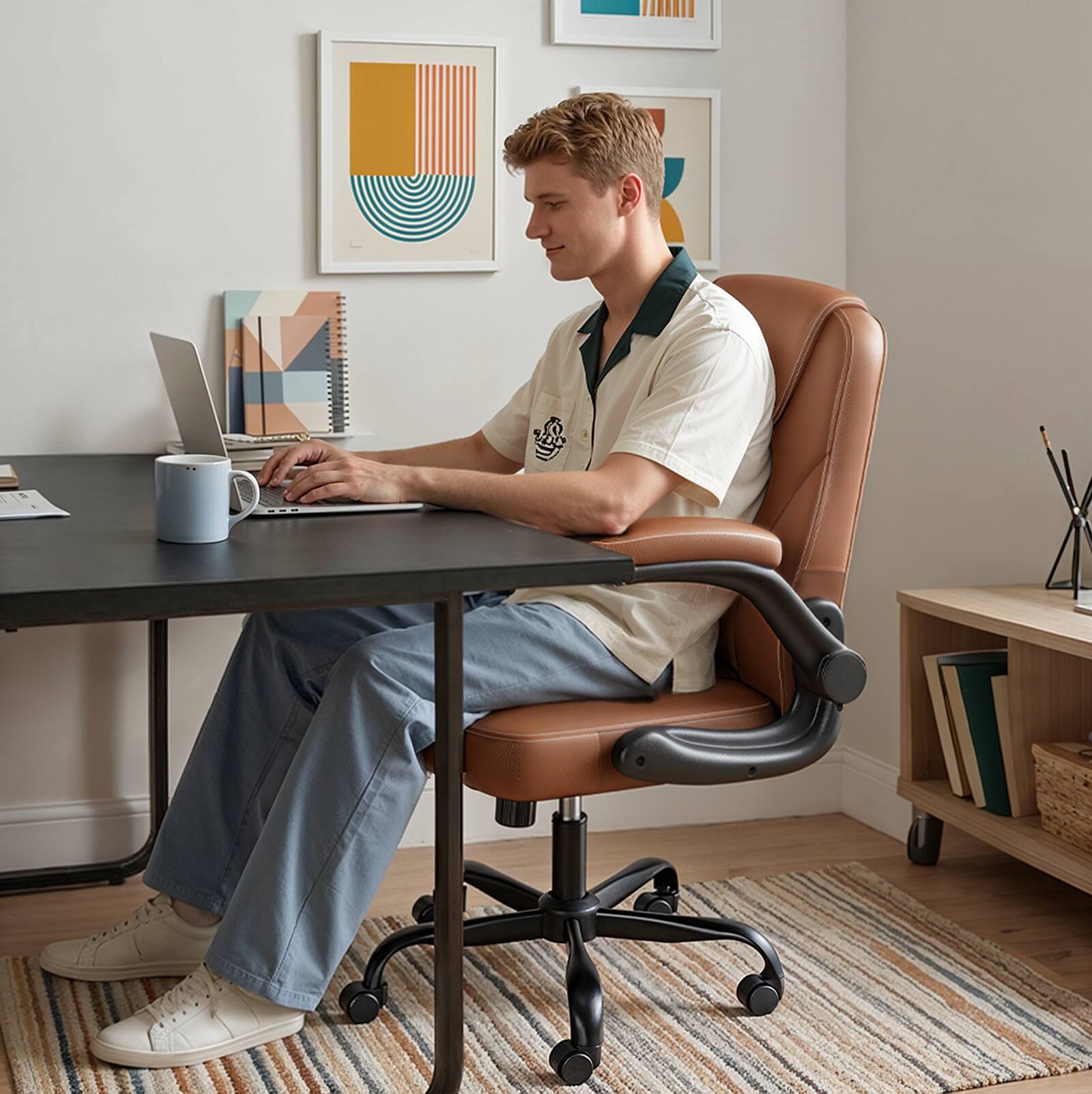 Angle. Pinmoco - Ergonomic PU Leather Office Chair, High Back Executive Computer Desk Chair - Brown.