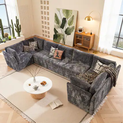 Front. Ovios - 7 Seat Modular Sectional Sofa, U Shaped Convertible Couch for Living Room - Grey.