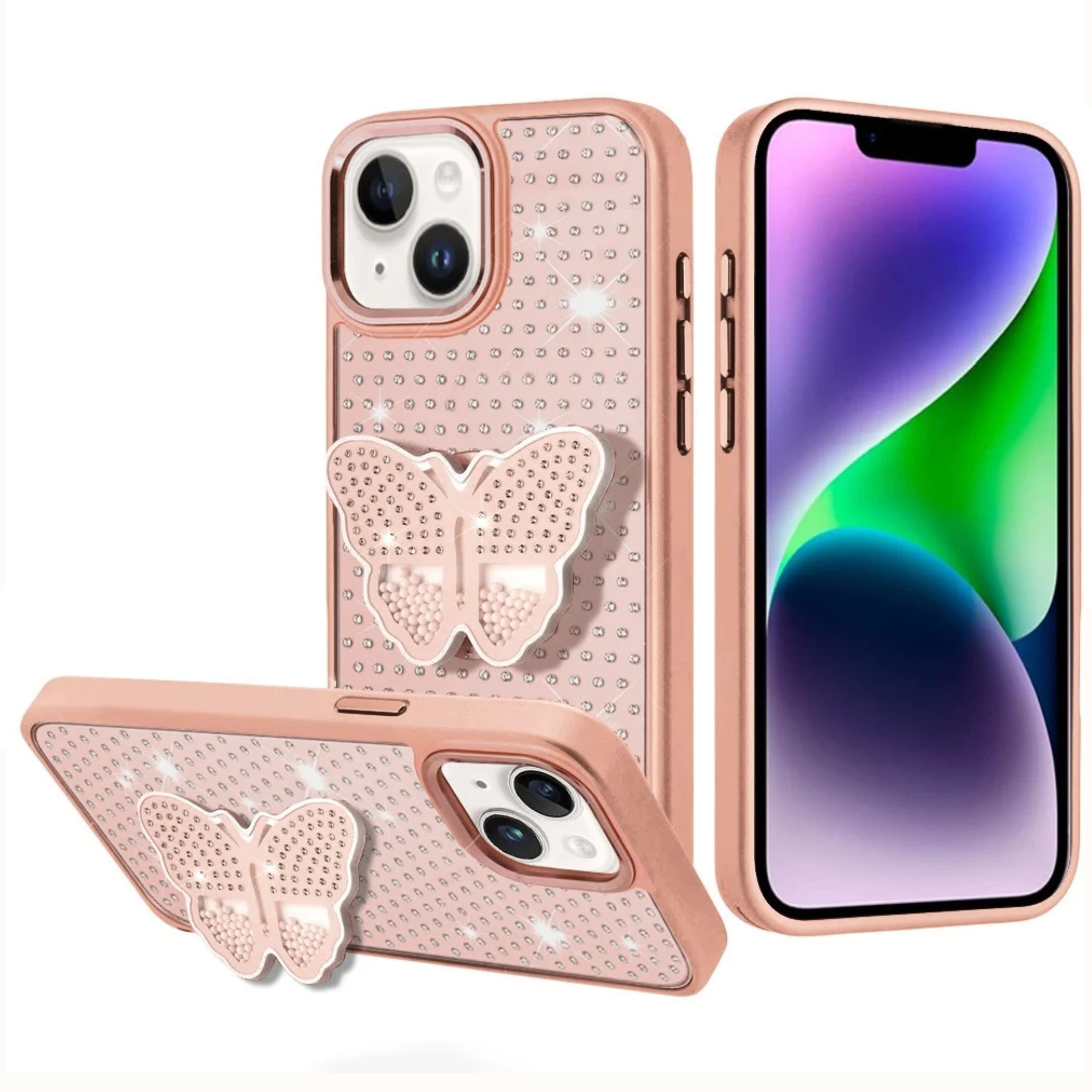 Kitcheniva - Luxury Butterfly Grip Stand Bling Case With Tempered Glass For iPhone 13 14 - Rose Gold price history on PriceWatchPro