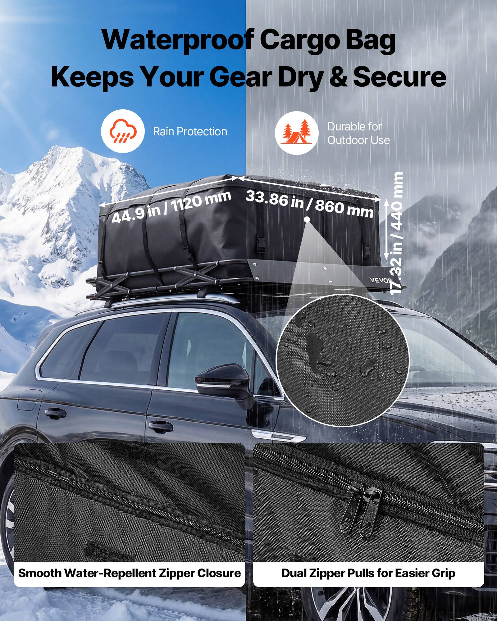 Waterproof Cargo Bag Keeps Your Gear Dry & Secure

- Rain Protection
- Durable for Outdoor Use

Dimensions:
- 44.9 in / 1120 mm
- 33.86 in / 860 mm
- 17.32 in / 440 mm

Features:
- Smooth Water-Repellent Zipper Closure
- Dual Zipper Pulls for Easier Grip