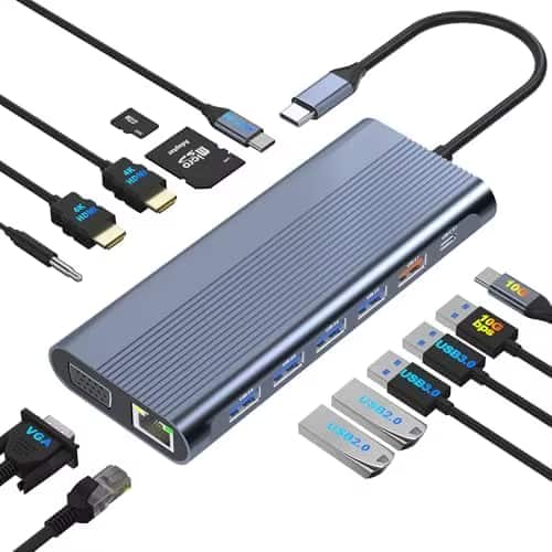 Luckbyte - 14-in-1 USB-C Docking Station, 10Gbps USB-A & C 3.1, Triple Display 4K HDMI VGA, 100W PD, Gigabit Ethernet, SD/TF Hub