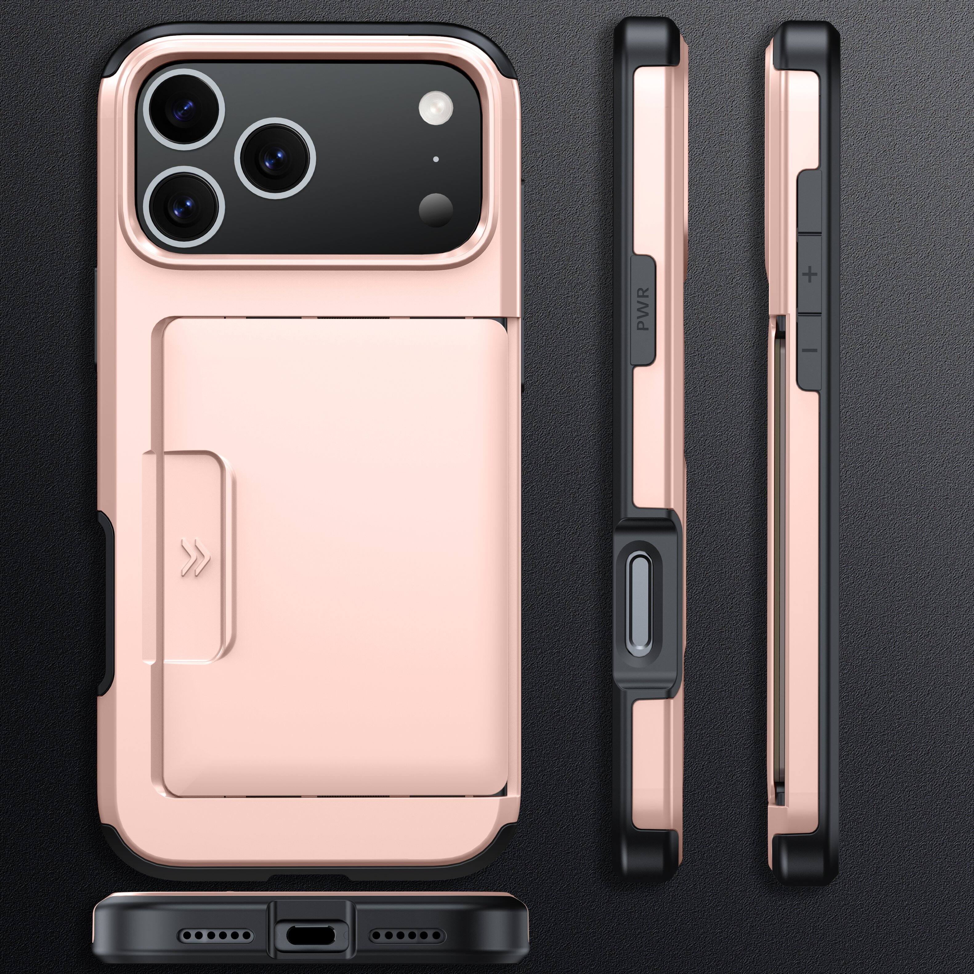 Alt View 3. Dteck - Shockproof Sliding Wallet Phone Case for Apple iPhone 17 Pro with Card Slot, Hard PC Dual Layer Protective Cover - Rosegold.