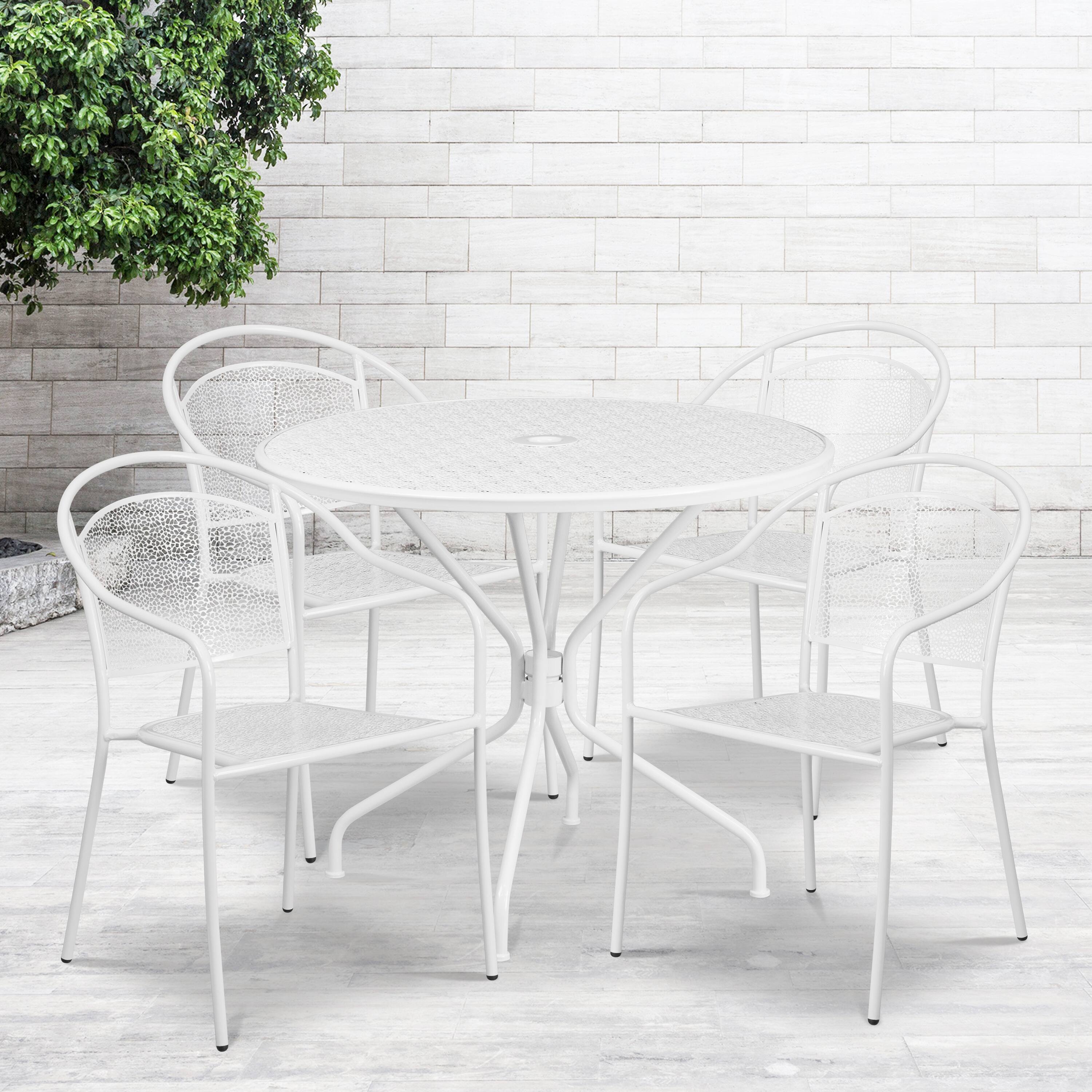 Alt View 1. Emma + Oliver - Commercial 35.25" Round Metal Garden Patio Table Set w/ 4 Round Back Chairs - White.