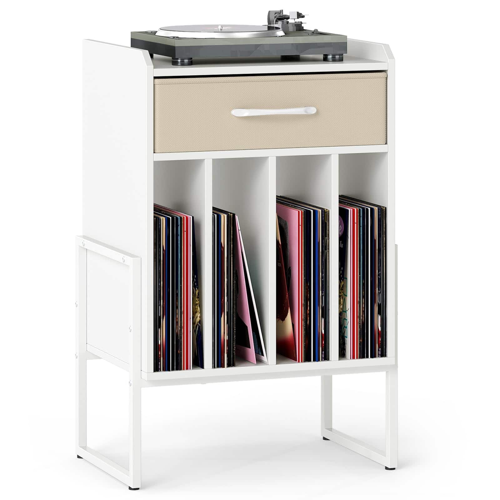 Ecooso - Record Player Stand with Drawer and Vinyl Record Holder, Turntable Storage Cabinet - White + Beige