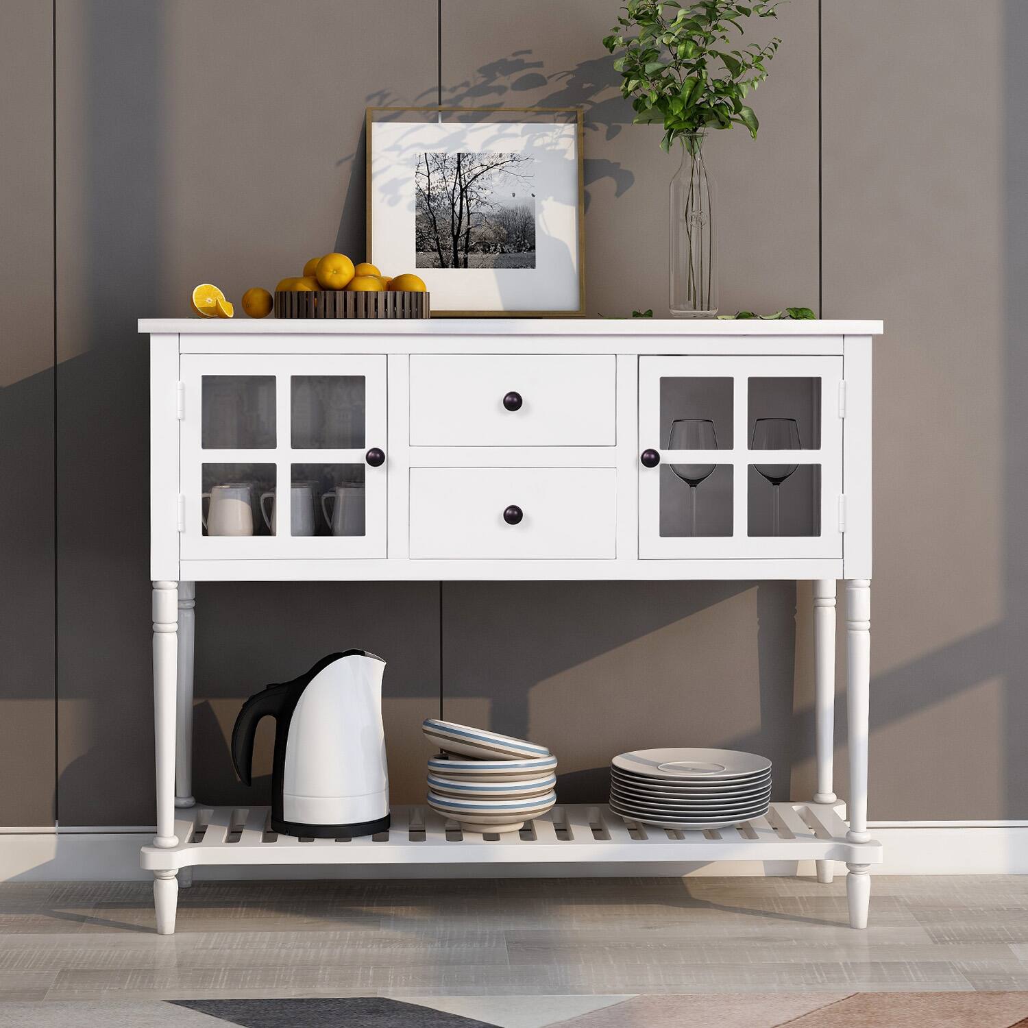 Alt View 7. Ecooso - Sideboard Console Table with Bottom Shelf, Farmhouse Wood/Glass Buffet Storage Cabinet for Living Room - White.