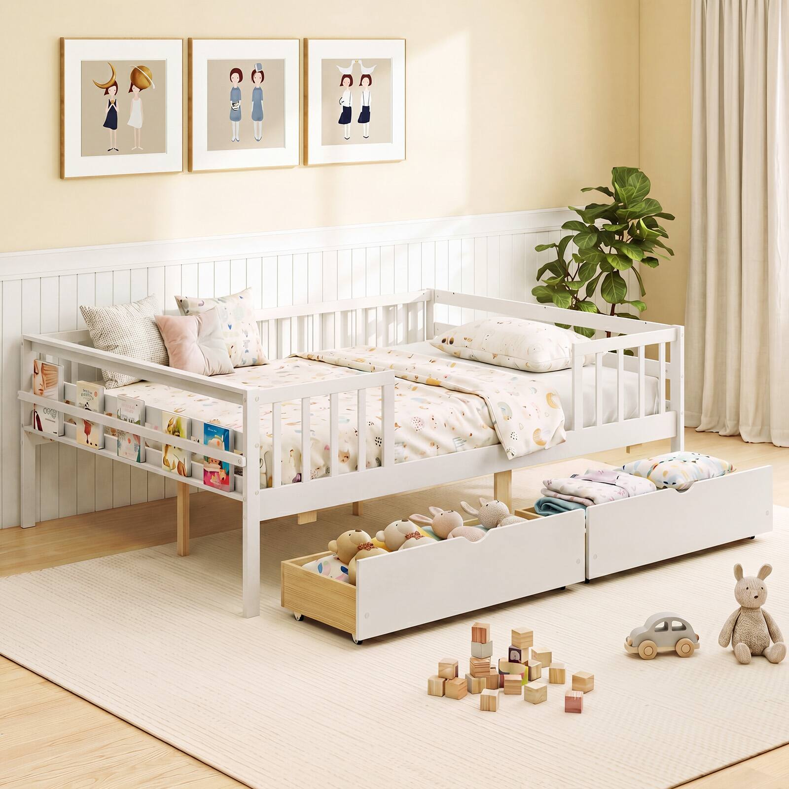 Alt View 1. Costway - Costway Full Size Daybed with Fence and 2 Drawers,Railings & Slats Support, Bed Frame - White.