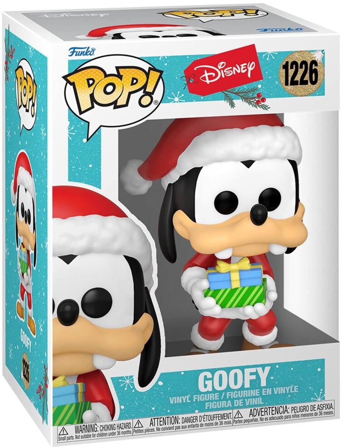 Sure, here is the corrected and grouped text from the image:

---

**Funko POP!**

**Disney**

**1226**

**GOOFY**

**VINYL FIGURE / FIGURINE EN VINYLE / FIGURA DE VINIL**

**WARNING: CHOKING HAZARD - Small parts. Not suitable for children under 36 months.**

**ATTENTION: DANGER D'ÉTOUFFEMENT - Petites pièces. Ne convient pas aux enfants de moins de 36 mois.**

**ADVERTENCIA: PELOJO DE ASFIXIA - Partes pequeñas. No es adecuado para niños menores de 36 meses.**

---

This text includes the brand, product number, character name, and the warning labels in English, French, and Spanish.