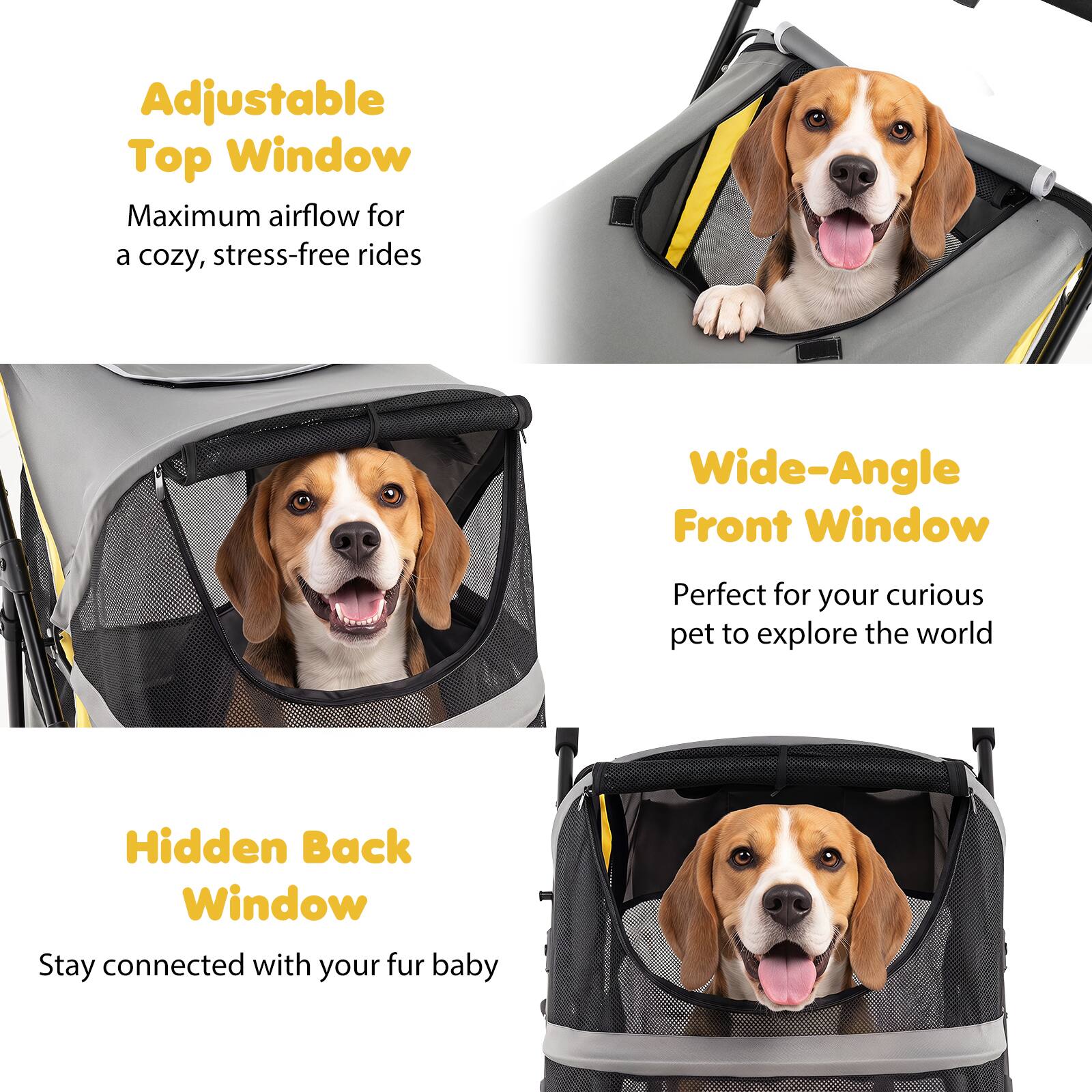 Adjustable Top Window  
Maximum airflow for a cozy, stress-free ride

Wide-Angle Front Window  
Perfect for your curious pet to explore the world

Hidden Back Window  
Stay connected with your fur baby