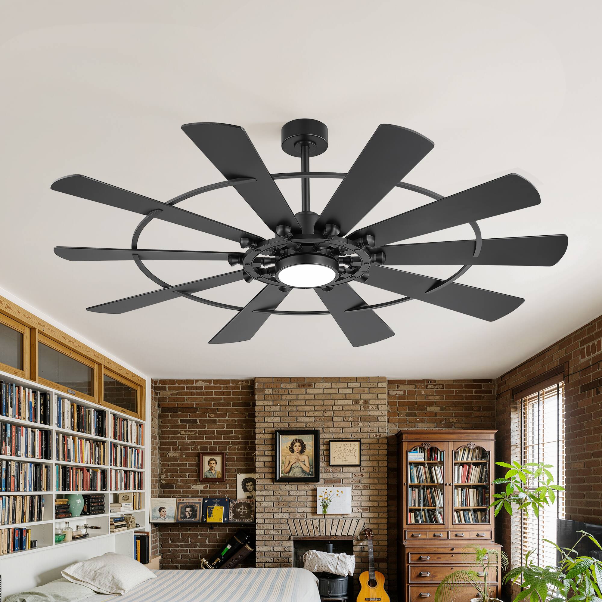 Alt View 7. Breezary - 62-Inch LED Ceiling Fan with Remote, 10 Blades, 3-Color Dimmable Light, Acrylic Shade, Dual Downrods - Black.