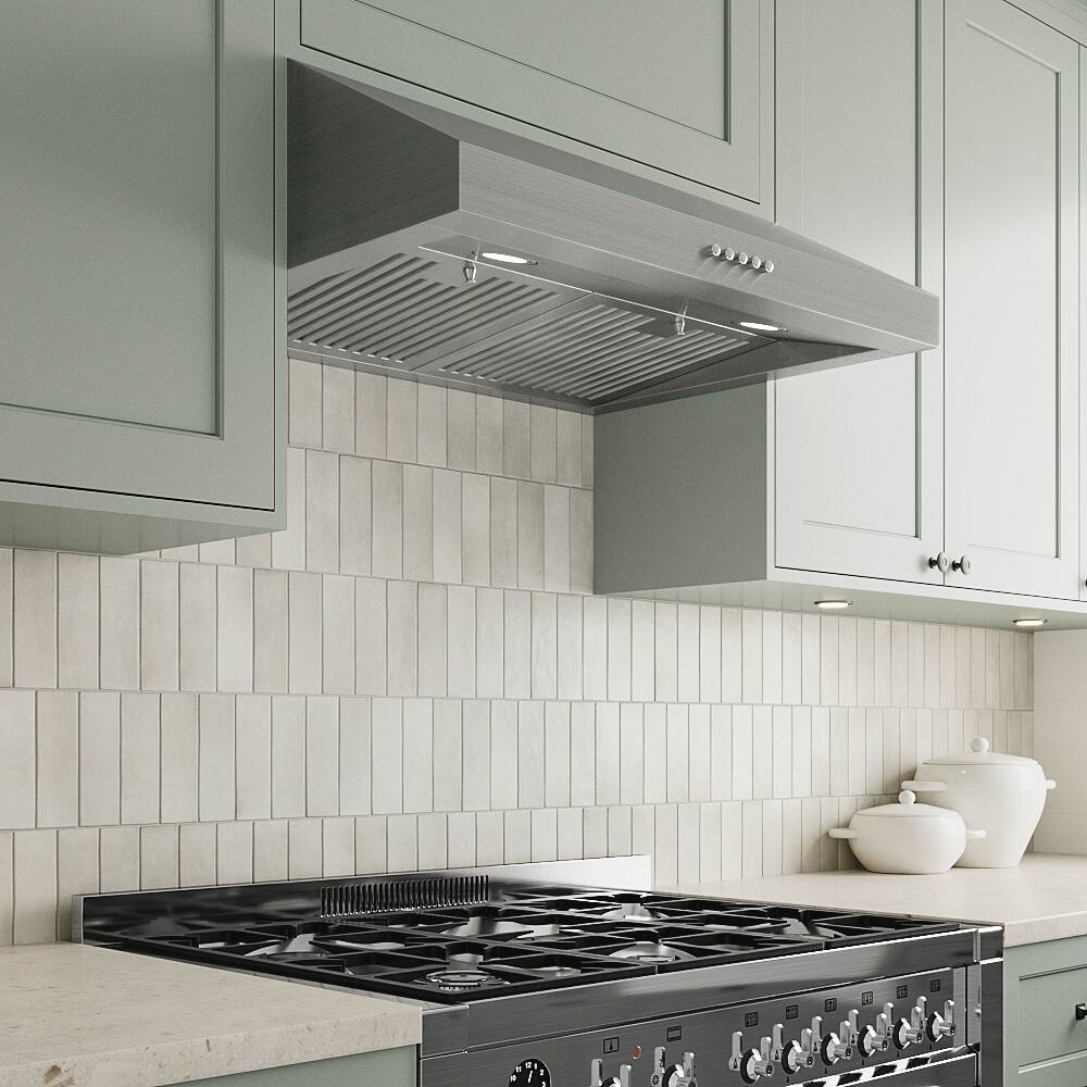 Back. Streamline - 30 in. Ampezzo Ducted Undermount 406 CFM Range Hood, Baffle Filters, Push Button Control, LED Lights - Brushed Stainless Steel.