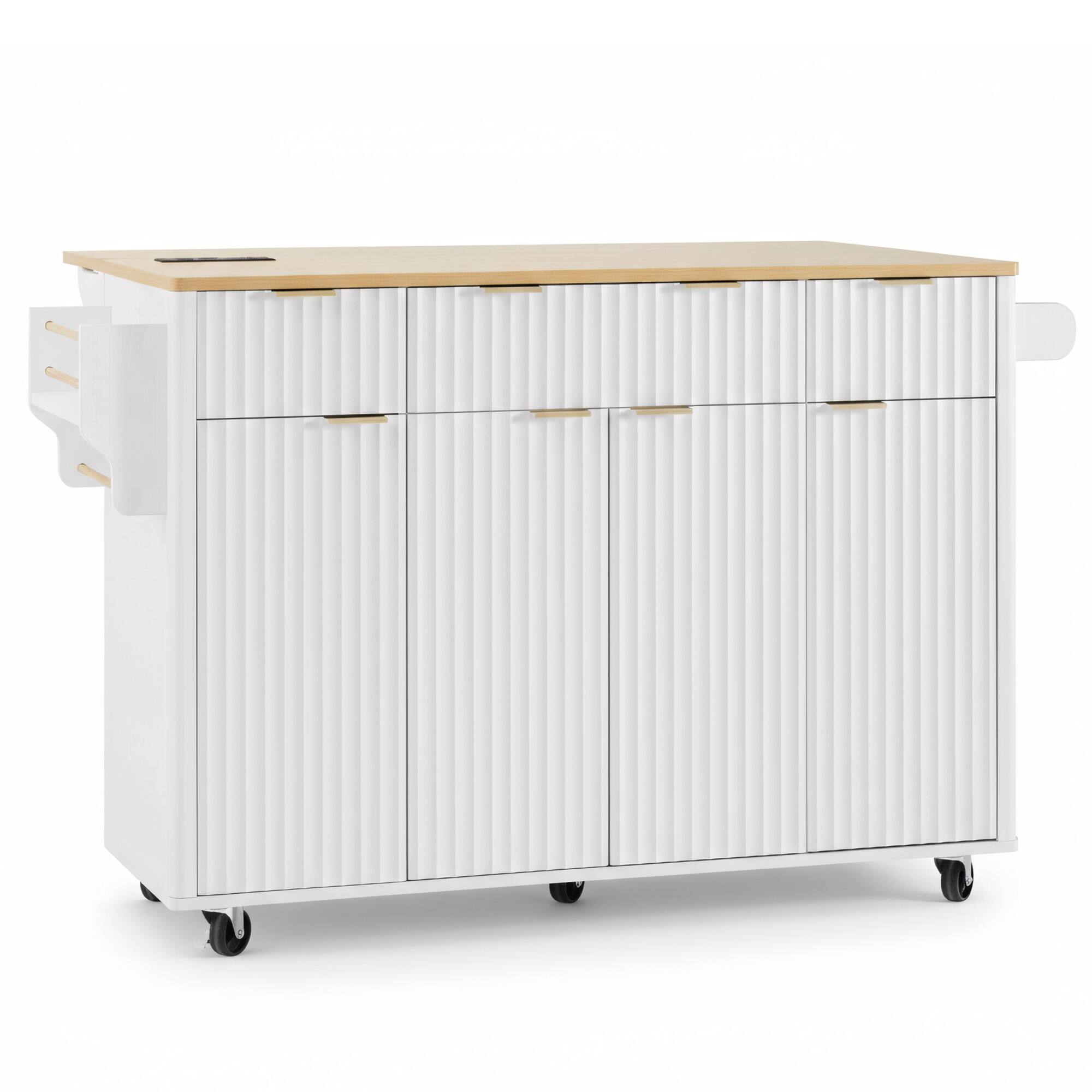 Alt View 8. Forest'nSky - 55.5 inch Fluted Kitchen Island with 4 Doors and 3 Drawers, Rolling Storage Cart with Wood-Grain Top, White - White.
