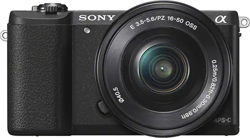 Front. Sony - Alpha a5100 Mirrorless Camera with 16-50mm Retractable Lens - Black.