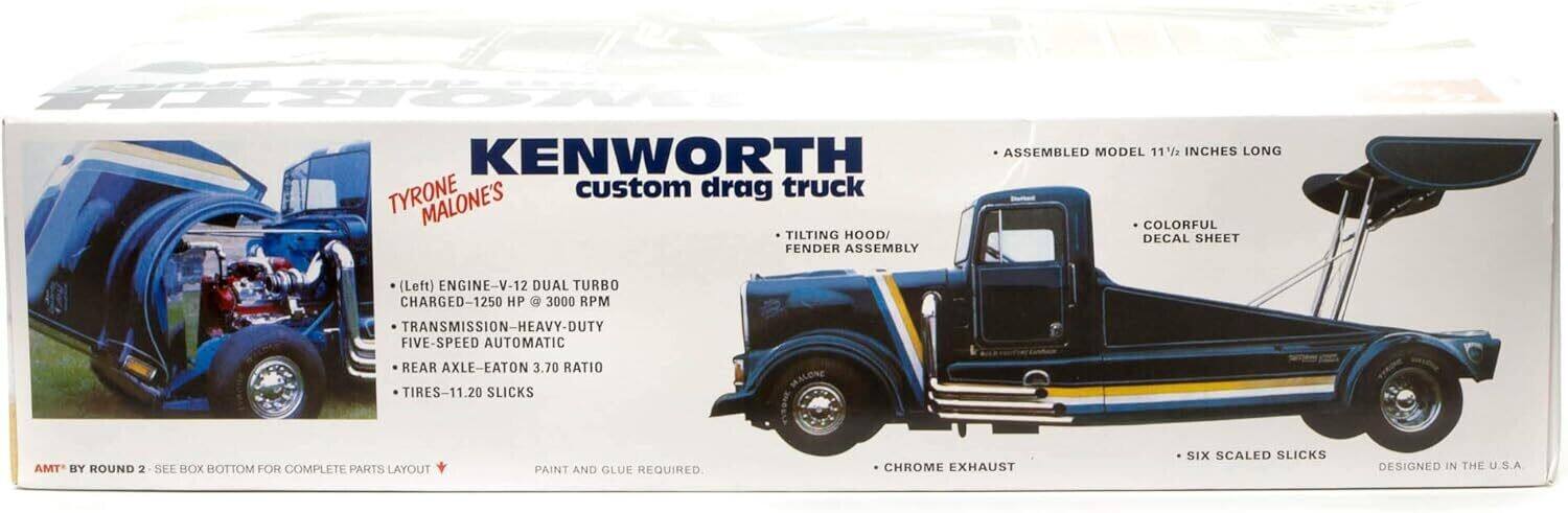 KENWORTH custom drag truck  
TYRONE MALONE'S  

ASSEMBLED MODEL 11 1/2 INCHES LONG  

- TILTING HOOD/ FENDER ASSEMBLY (Left)  
- COLORFUL DECAL SHEET  
- CHROME EXHAUST  
- SIX SCALED SLICKS  
- PAINT AND GLUE REQUIRED  

ENGINE - V-12 DUAL TURBO CHARGED - 1250 HP @ 3000 RPM  
TRANSMISSION - HEAVY-DUTY FIVE-SPEED AUTOMATIC  
REAR AXLE - EATON 3.70 RATIO  
TIRES - 11.20 SLICKS  

AMT BY ROUND 2 - SEE BOX BOTTOM FOR COMPLETE PARTS LAYOUT  

DESIGNED IN THE U.S.A.