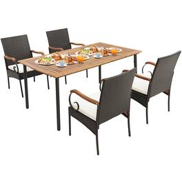 Costway - 5PCS Patio Wicker Dining Set Armchairs Acacia Wood Table with Detachable Cushions & Umbrella Hole - Natural/Black/Mix Brown