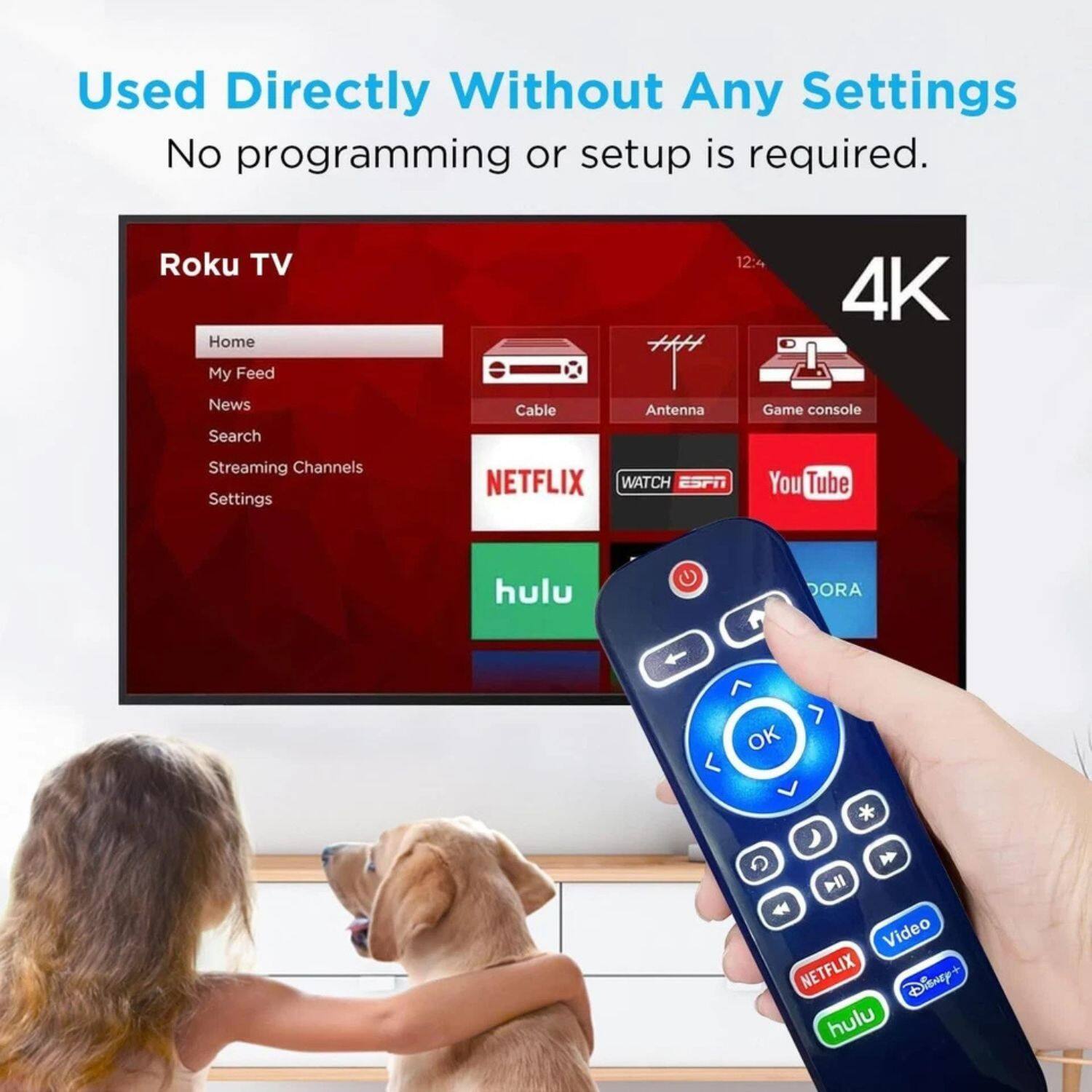 Used Directly Without Any Settings  
No programming or setup is required.

Roku TV  
Home  
My Feed  
News  
Search  
Streaming Channels  
Settings  

4K  

Cable  
Antenna  
Game console  

NETFLIX  
WATCH ESPN  
YouTube  
hulu  
DORA  

Video  
NETFLIX  
Disney+  
hulu