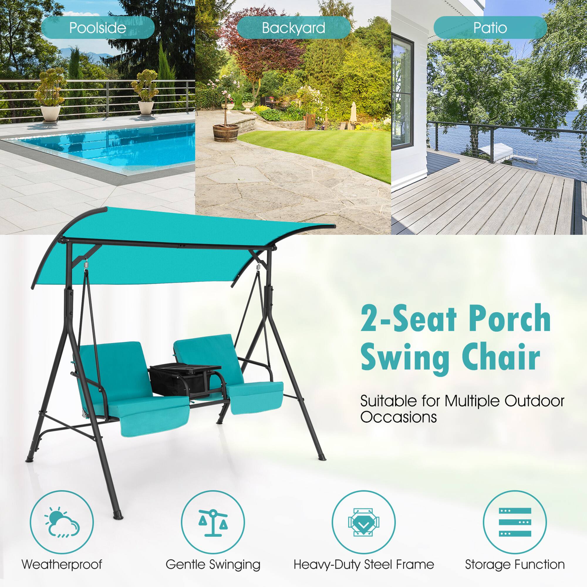 Alt View 4. Gymax - Gymax 2-Person Canopy Porch Swing Padded Chair Cooler Bag Rotatable Tray Turquoise - Turquoise.