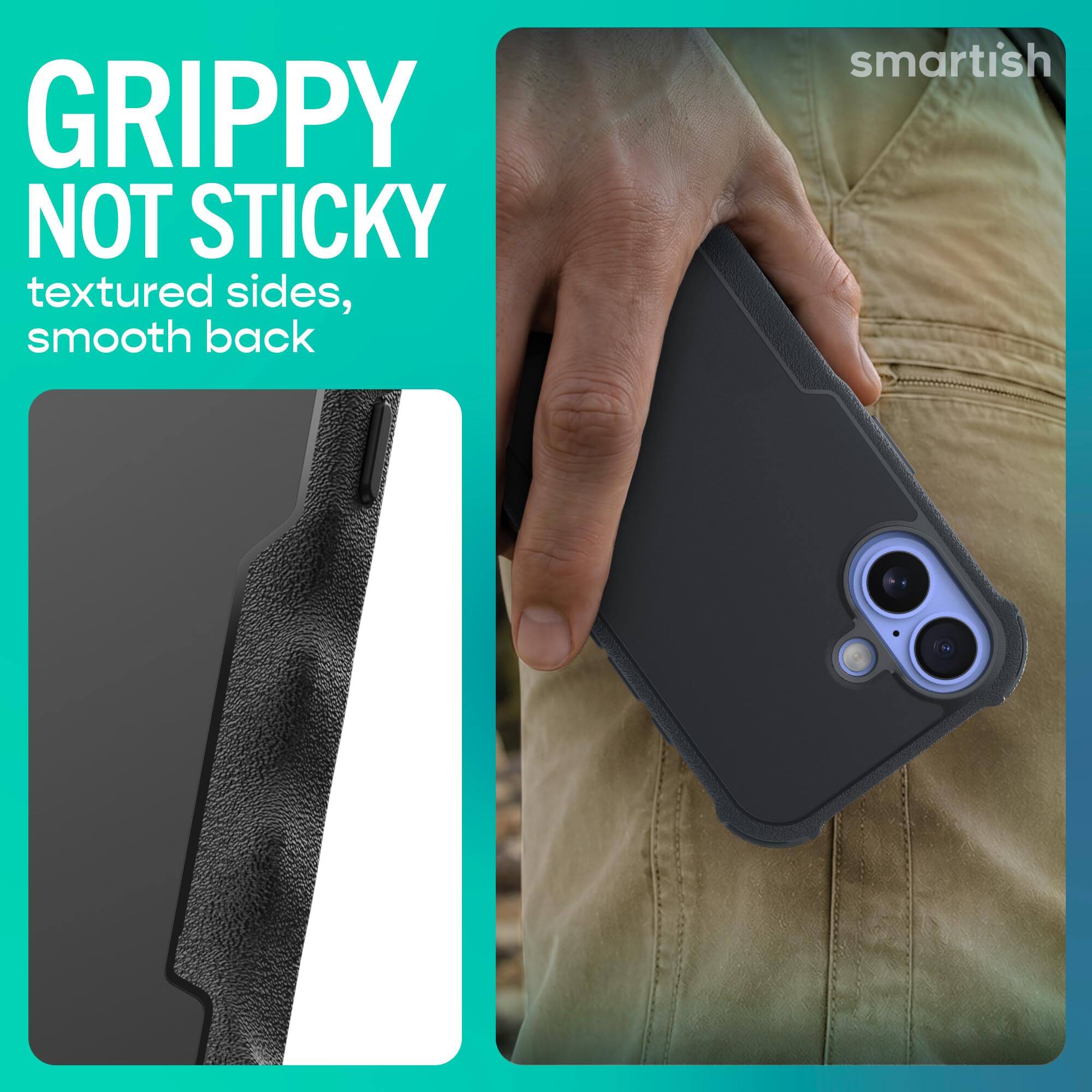 GRIPPY NOT STICKY textured sides, smooth back

smartish