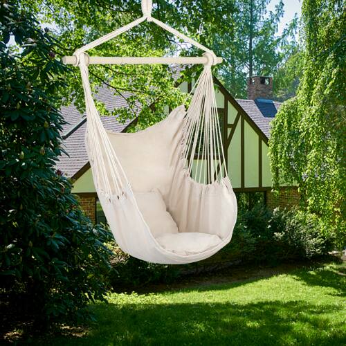 Alt View 4. Winado - Hammock Chair Hanging Rope Swing, Macrame Hammock Swing Seat with 2 Cushions, Portable Steel Spreader Bar for In/Outdoor - Beige.