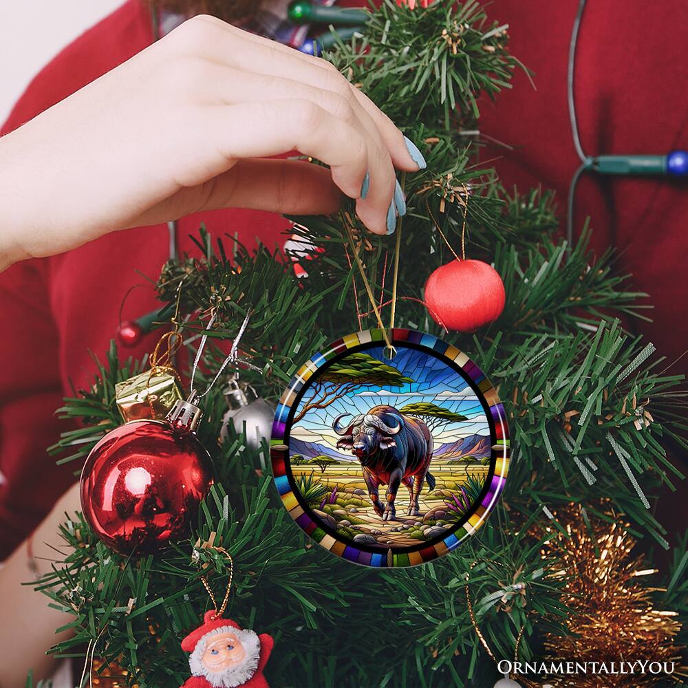 Alt View 1. OrnamentallyYou - African Buffalo Wildlife Encounter Stained Glass Style Ceramic Ornament Safari Christmas Gift - Multi-colored.