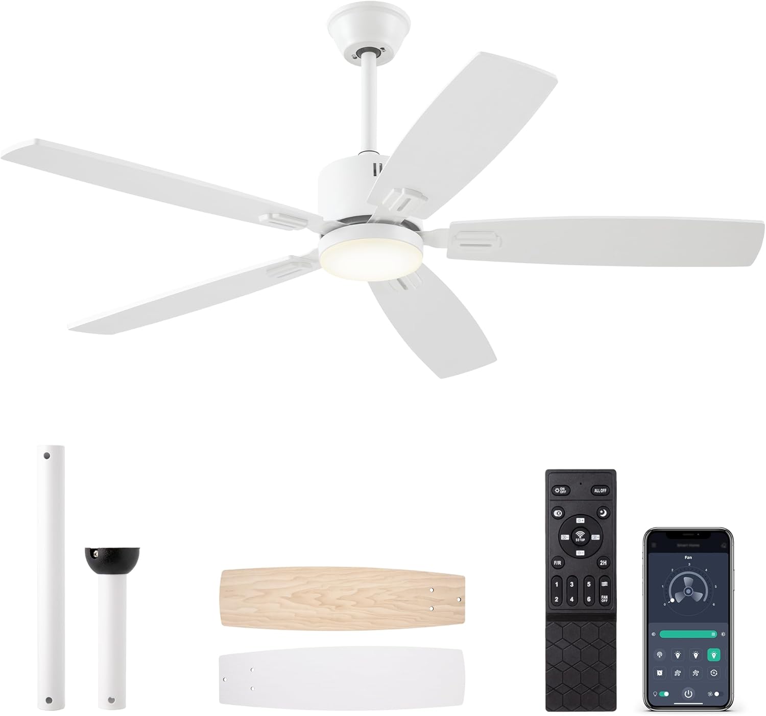 Front. Schertz - 52" Smart Ceiling Fan with Lights - Reversible DC Motor, White, Dimmable.