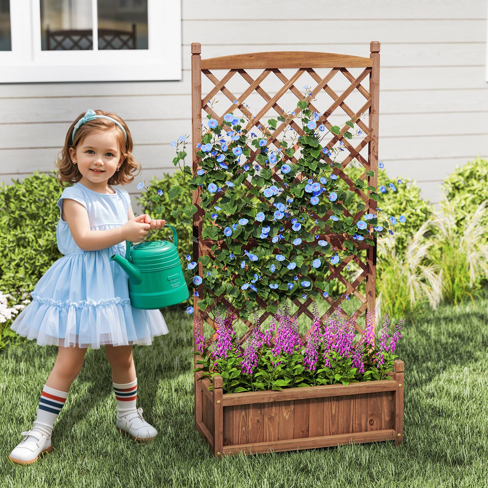 Alt View 5. Gymax - Gymax 60'' Tall Raised Garden Bed w/ Diamond Lattice Trellis Drainage Holes Outdoor - Brown.