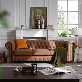 Ropilly - Brown Chesterfield Sofa Faux Leather Three Seat Living Room Couch - Brown