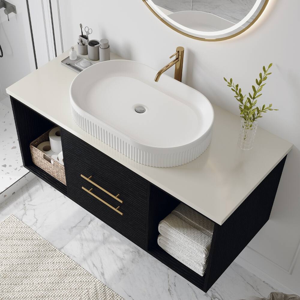 Angle. Loheer - Loheer 39.4 Inch Floating Bathroom Vanity with Ceramic Sink Modern Single Sink Cabinet Soft-Close Drawers - Black, Gold, White.