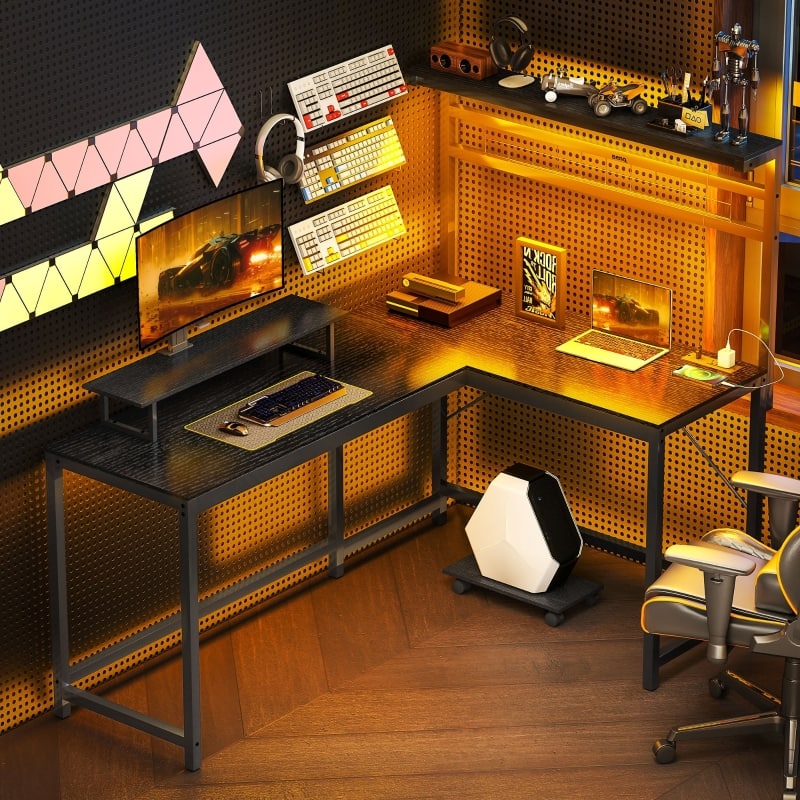 Anysun - 61.6" L Shaped Gaming Desk with Power Outlets & LED Lights, Monitor Stand & CPU Shelf for Gaming or Home Office - Black