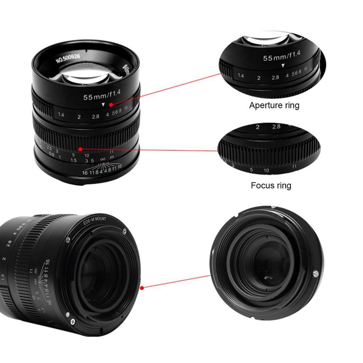 NO.500926  
048m  
55mm/f1.4  
36  
1.4  
4  
568  
2  
2.8  
55mm/f1.4  
55  
56  
1.4  
4  
568  
2  
2.8  
Aperture ring  
2  
2.8  
25  
3  
08  
1  
5  
1.5  
1l  
10  
00 m  
3  
5  
11  
to  
11844811  
8  
4  
4  
8  
16  
11  
3  
"  
5  
10  
Focus ring  
5  
4  
2.8  
2  
16  
=  
E  
1.4  
1184481116  
8  
8  
5  
10  
3  
16  
W  
15  
MOUNT EOS-M