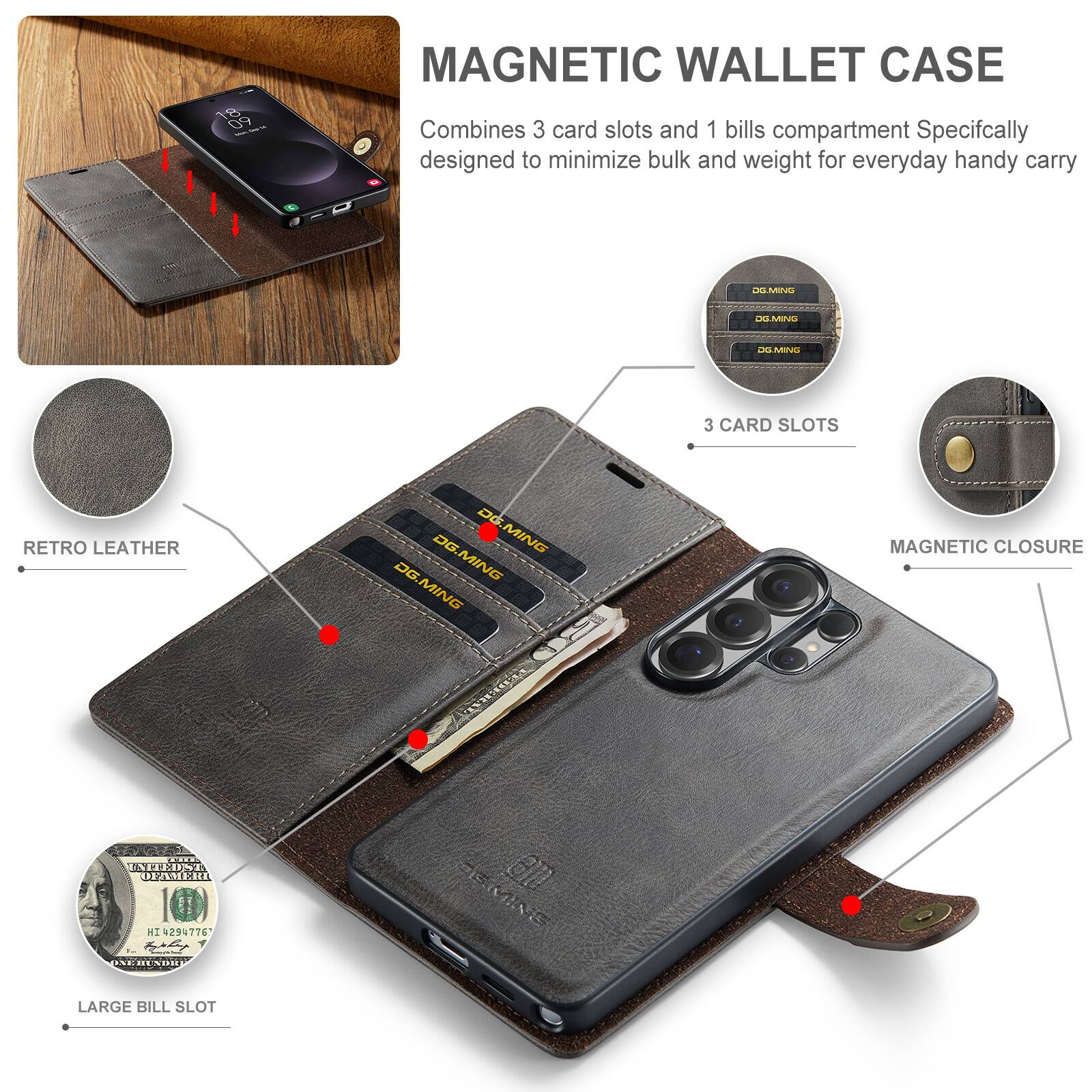 PO - MAGNETIC WALLET CASE  
Combines 3 card slots and 1 bills compartment  
Specifically designed to minimize bulk and weight for everyday handy carry  

- RETRO LEATHER  
- 3 CARD SLOTS  
- MAGNETIC CLOSURE  
- LARGE BILL SLOT