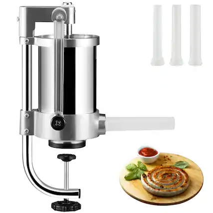 Front. VEVOR - Sausage Stuffer, 2.5LBS/1.5L Capacity, 304 Stainless Steel Vertical Sausage Stuffer, Sausage Filling Machine - Silver.