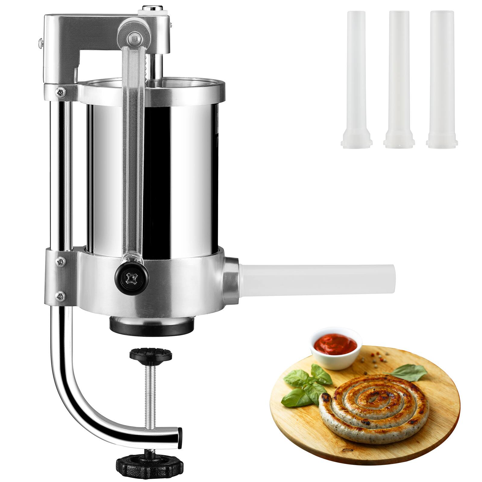 Front. VEVOR - Sausage Stuffer, 2.5LBS/1.5L Capacity, 304 Stainless Steel Vertical Sausage Stuffer, Sausage Filling Machine - Silver.