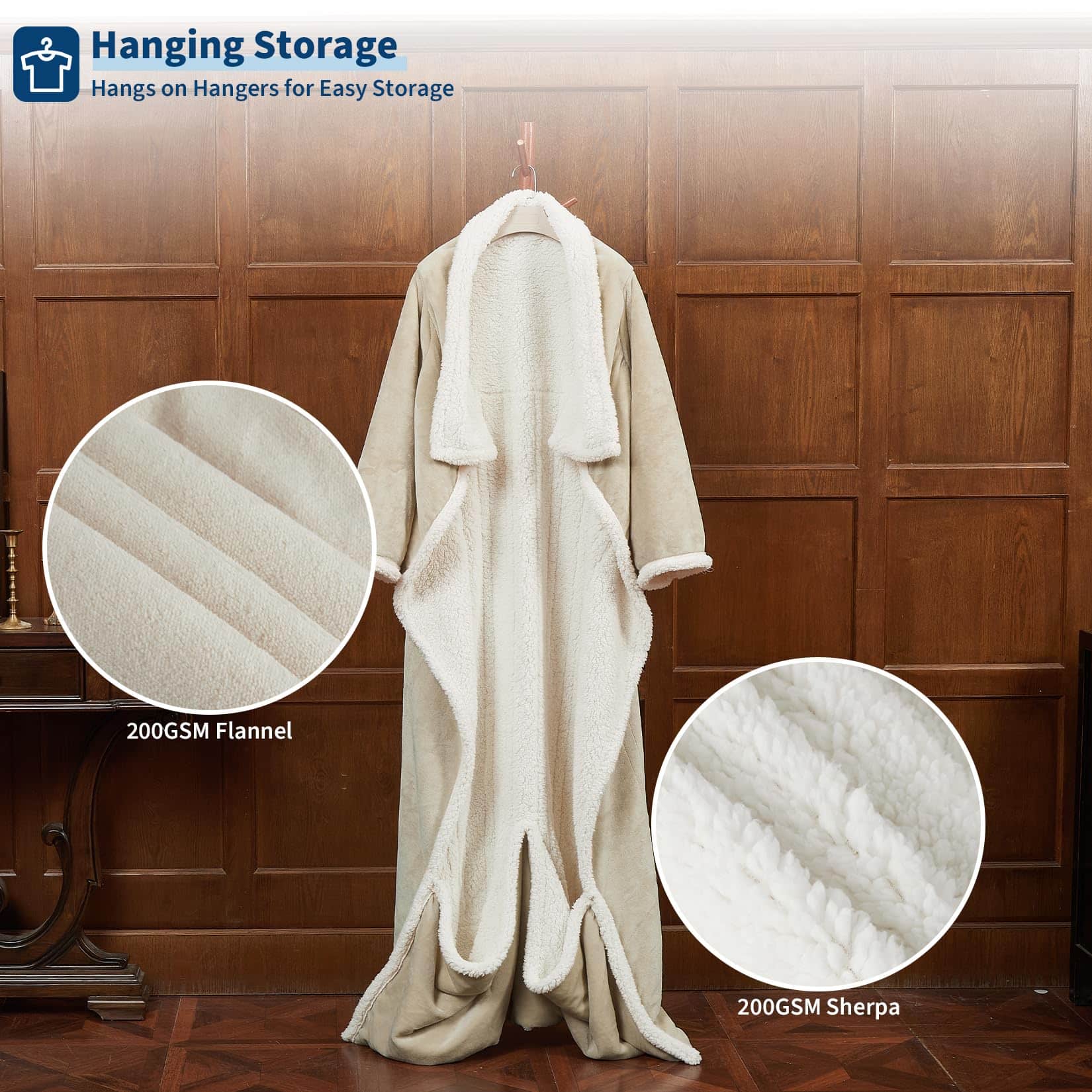 Hanging Storage  
Hangs on Hangers for Easy Storage  

200GSM Flannel  
200GSM Sherpa