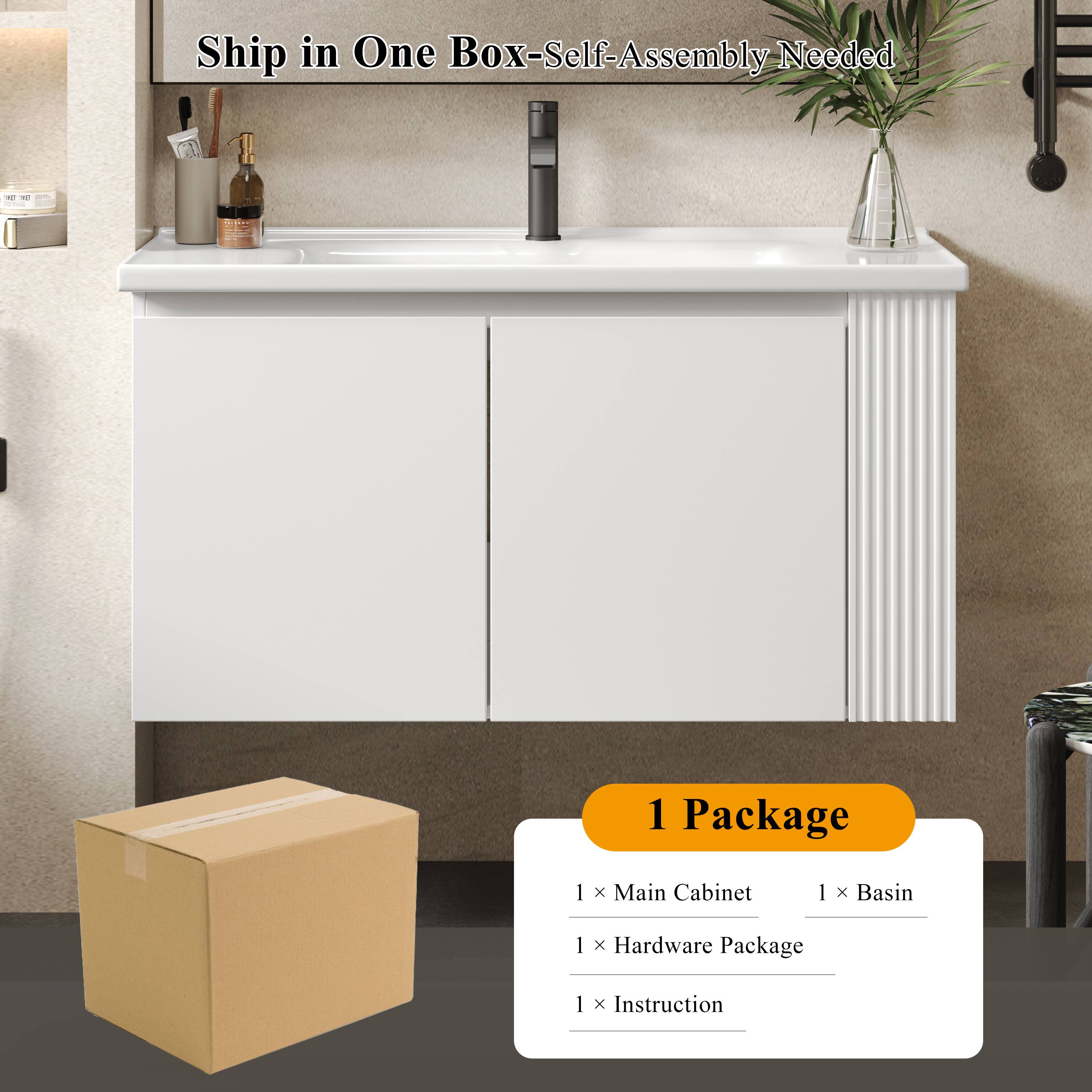 Ship in One Box - Self-Assembly Needed

1 Package
- 1 x Main Cabinet
- 1 x Basin
- 1 x Hardware Package
- 1 x Instruction