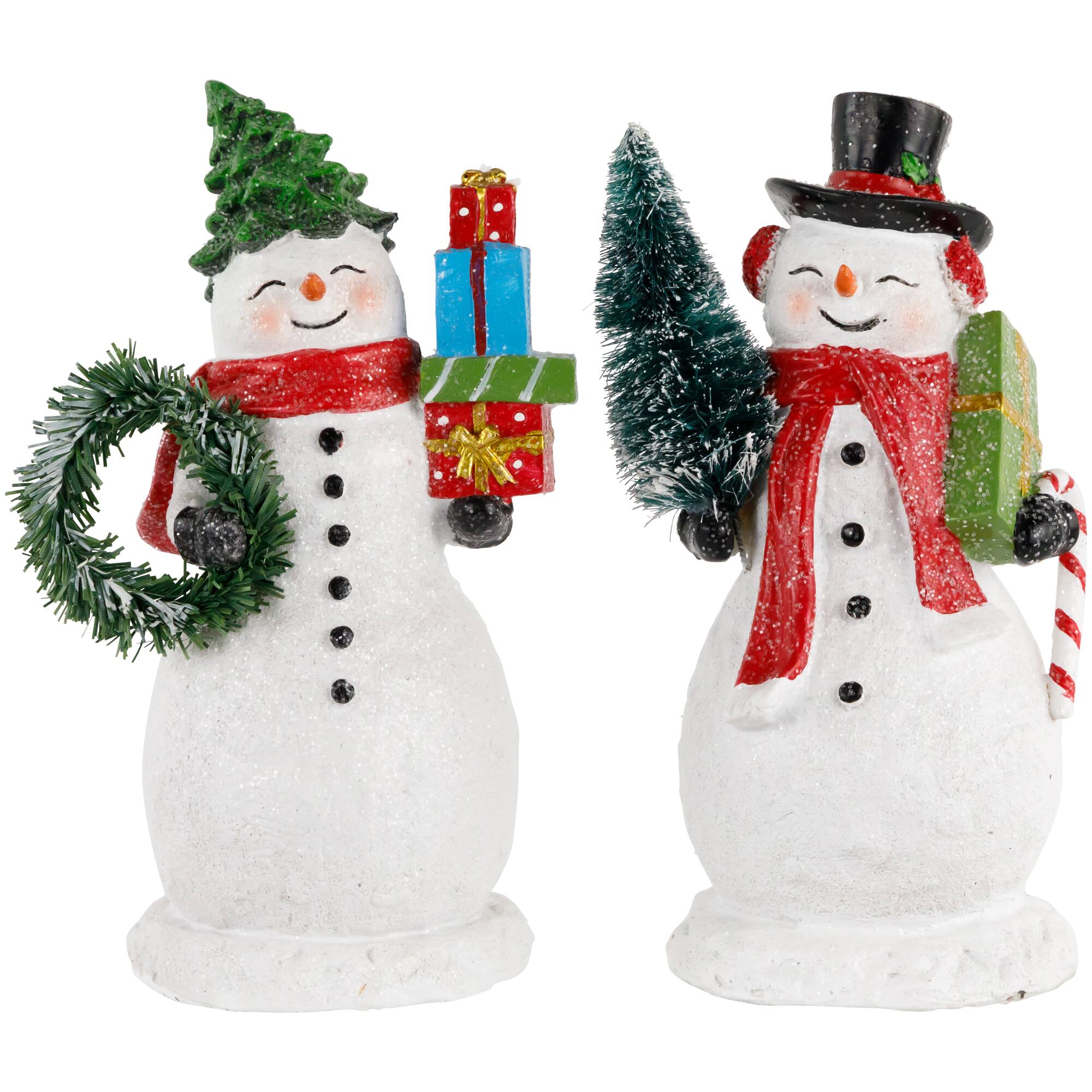 Front. Northlight - Shopping Snowmen Couple with Presents Christmas Figurines - 8" - Set of 2 - Green.