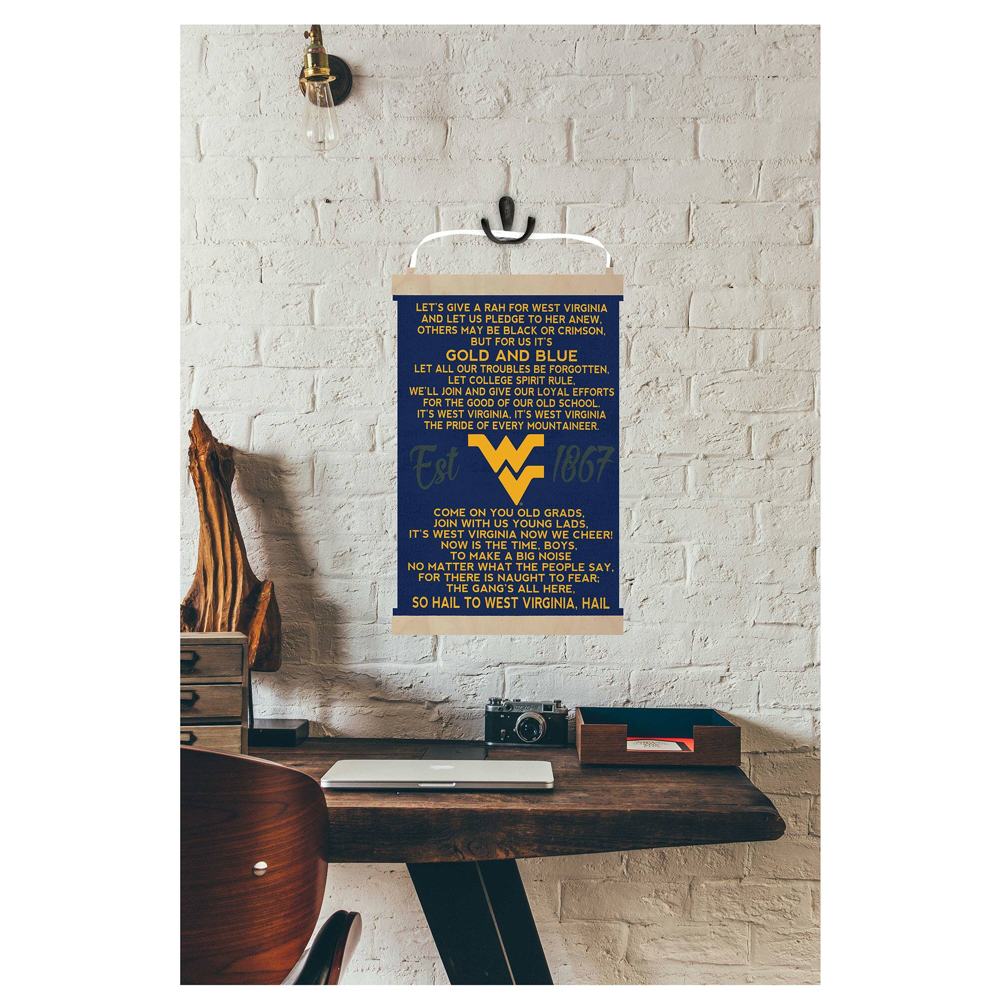 LET'S GIVE A RAH FOR WEST VIRGINIA AND LET US PLEDGE TO HER ANEW. OTHERS MAY BE BLACK OR CRIMSON, BUT FOR US IT'S GOLD AND BLUE. LET ALL OUR TROUBLES BE FORGOTTEN, LET COLLEGE SPIRIT RULE. WE'LL JOIN AND GIVE OUR LOYAL EFFORTS FOR THE GOOD OF OUR OLD SCHOOL. IT'S WEST VIRGINIA, IT'S WEST VIRGINIA, THE PRIDE OF EVERY MOUNTAINEER. Est 1867

COME ON YOU OLD GRADS, JOIN WITH US YOUNG LADS, IT'S WEST VIRGINIA NOW WE CHEER! NOW IS THE TIME BOYS TO MAKE A BIG NOISE NO MATTER WHAT THE PEOPLE SAY. FOR THERE IS NAUGHT TO FEAR: THE GANG ALL HERE. SO HAIL TO WEST VIRGINIA. HAIL