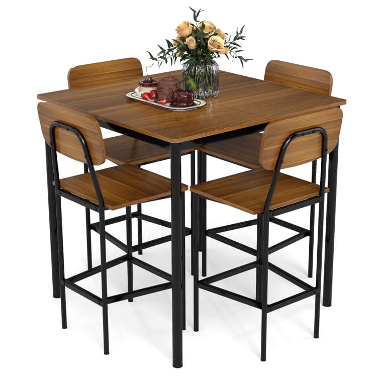 SlickBlue - 5-Piece Industrial Dining Set with Counter Height Table and 4 Bar Stools - Teak