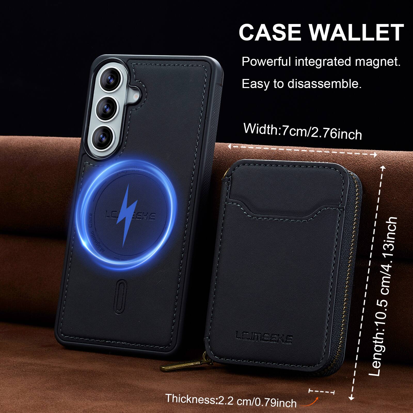 CASE WALLET  
Powerful integrated magnet.  
Easy to disassemble.  

Width: 7cm/2.76inch  
Thickness: 2.2 cm/0.79inch  
Length: 10.5 cm/4.13inch