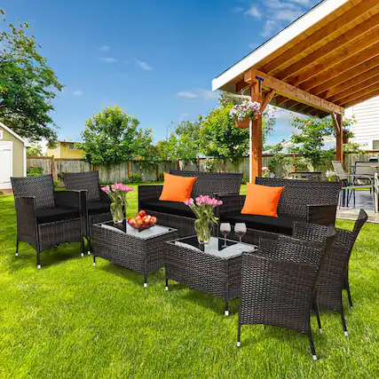 Front. Gymax - Gymax 8PCS Patio Rattan Conversation Furniture Set Outdoor w/ Black Cushion - Black.