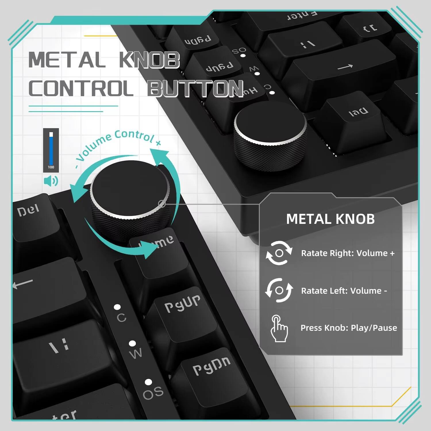 METAL KNOB CONTROL BUTTON

- Volume Control
  - Rotate Right: Volume +
  - Rotate Left: Volume -
  - Press Knob: Play/Pause