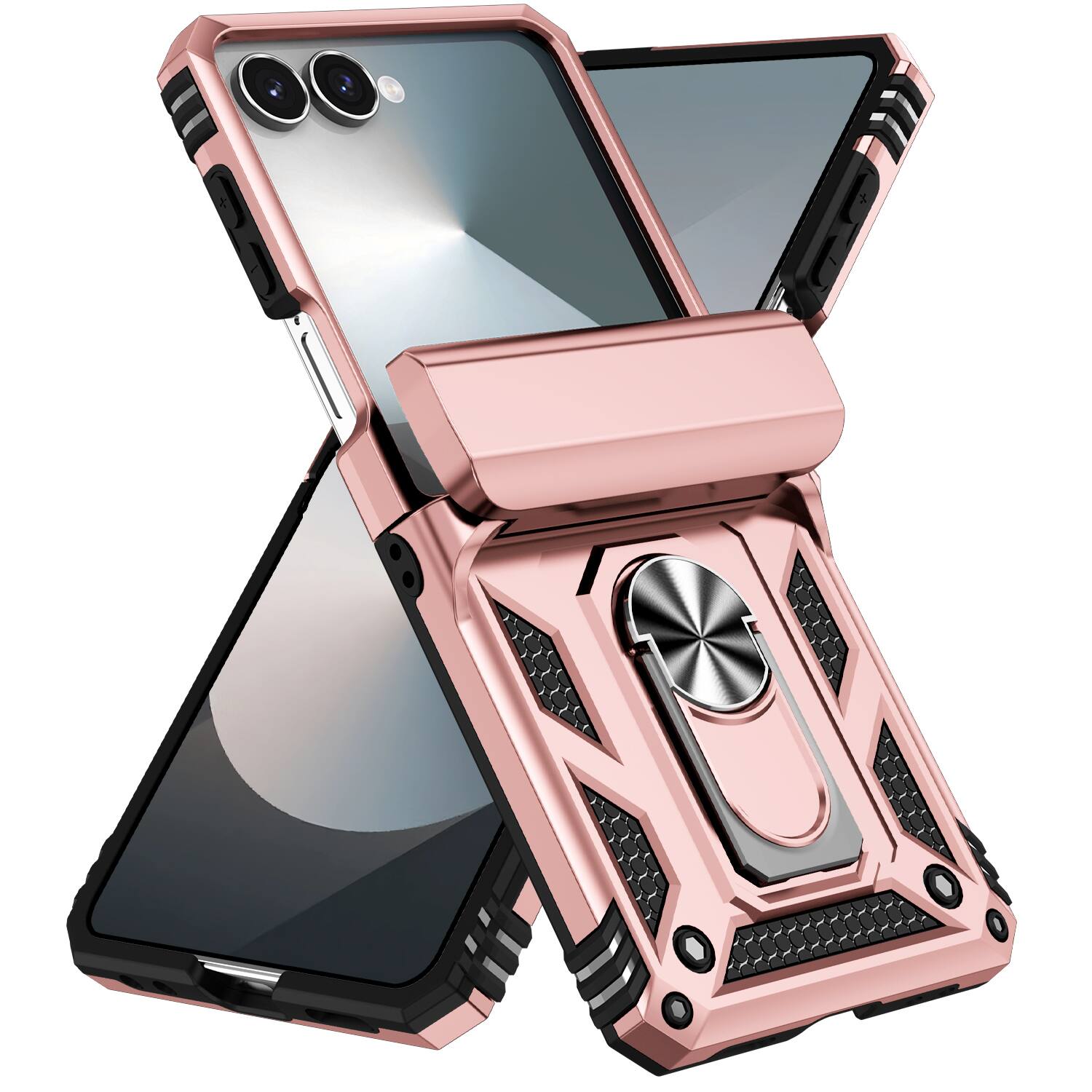 Back. Dteck - For Samsung Galaxy Z Flip 7 Heavy Duty Rugged Case Shockproof Ring Kickstand Hinge Protection Cover Magnetic Car Mount - Rosegold.