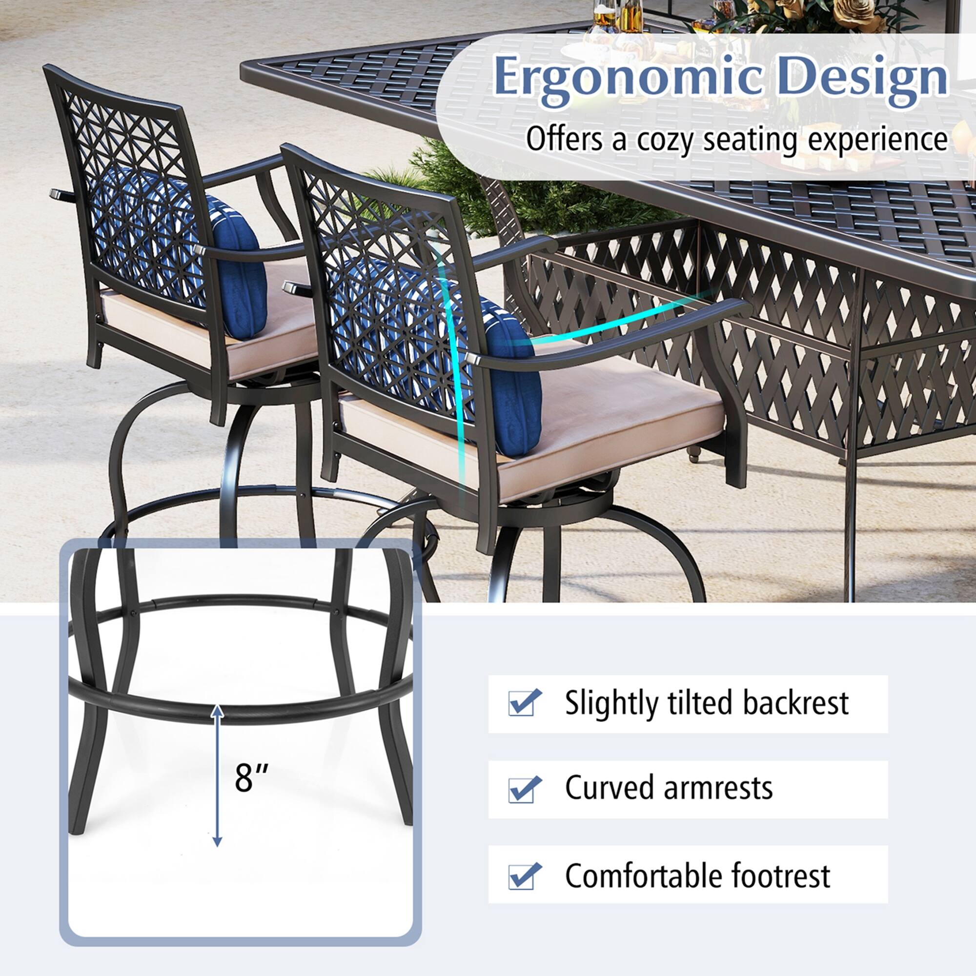 Ergonomic Design  
Offers a cozy seating experience  

- Slightly tilted backrest  
- Curved armrests  
- Comfortable footrest  

8"