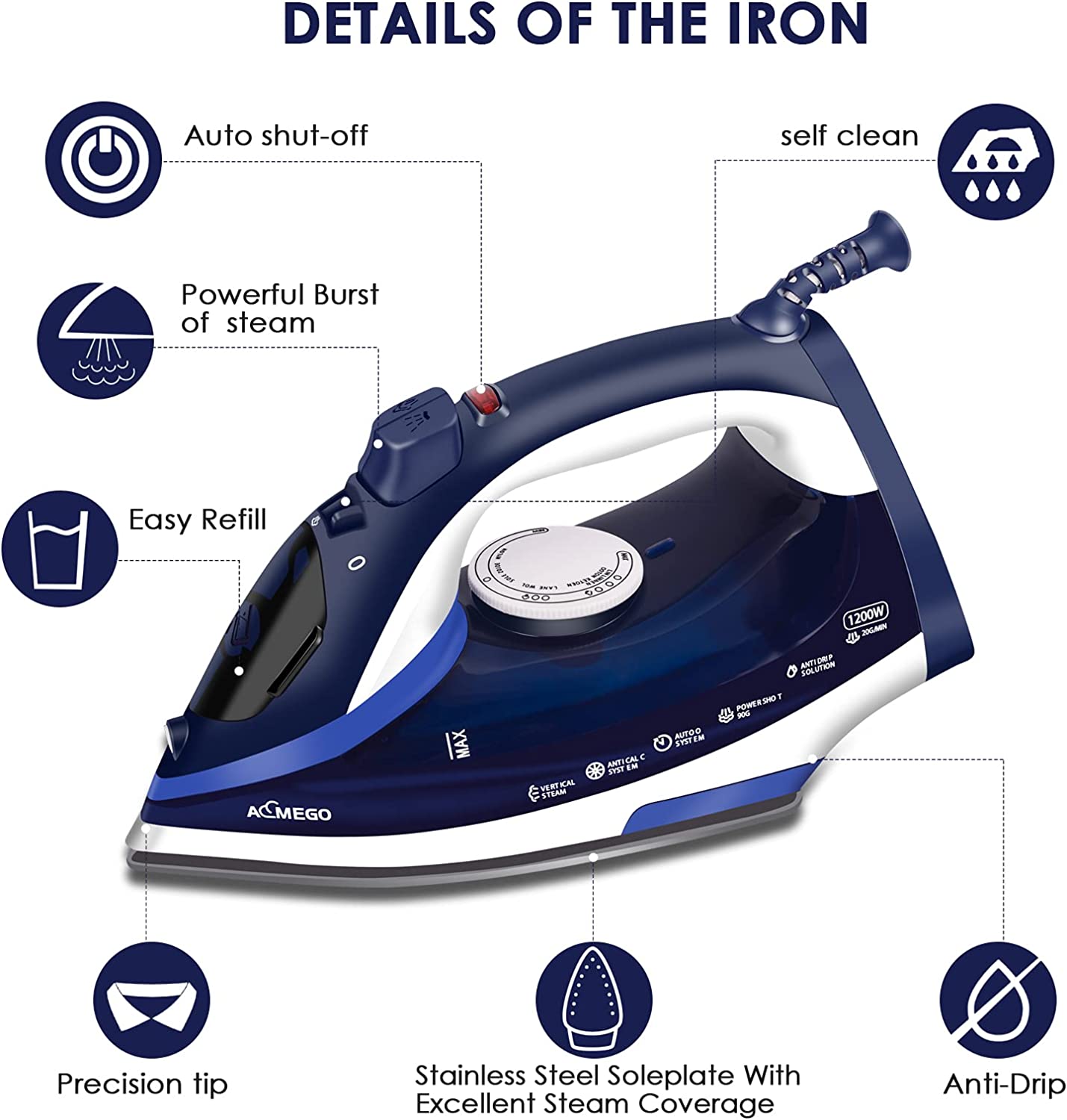 DETAILS OF THE IRON

- Auto shut-off
- Powerful Burst of steam
- Easy Refill
- self clean
- Precision tip
- Stainless Steel Soleplate With Excellent Steam Coverage
- Anti-Drip