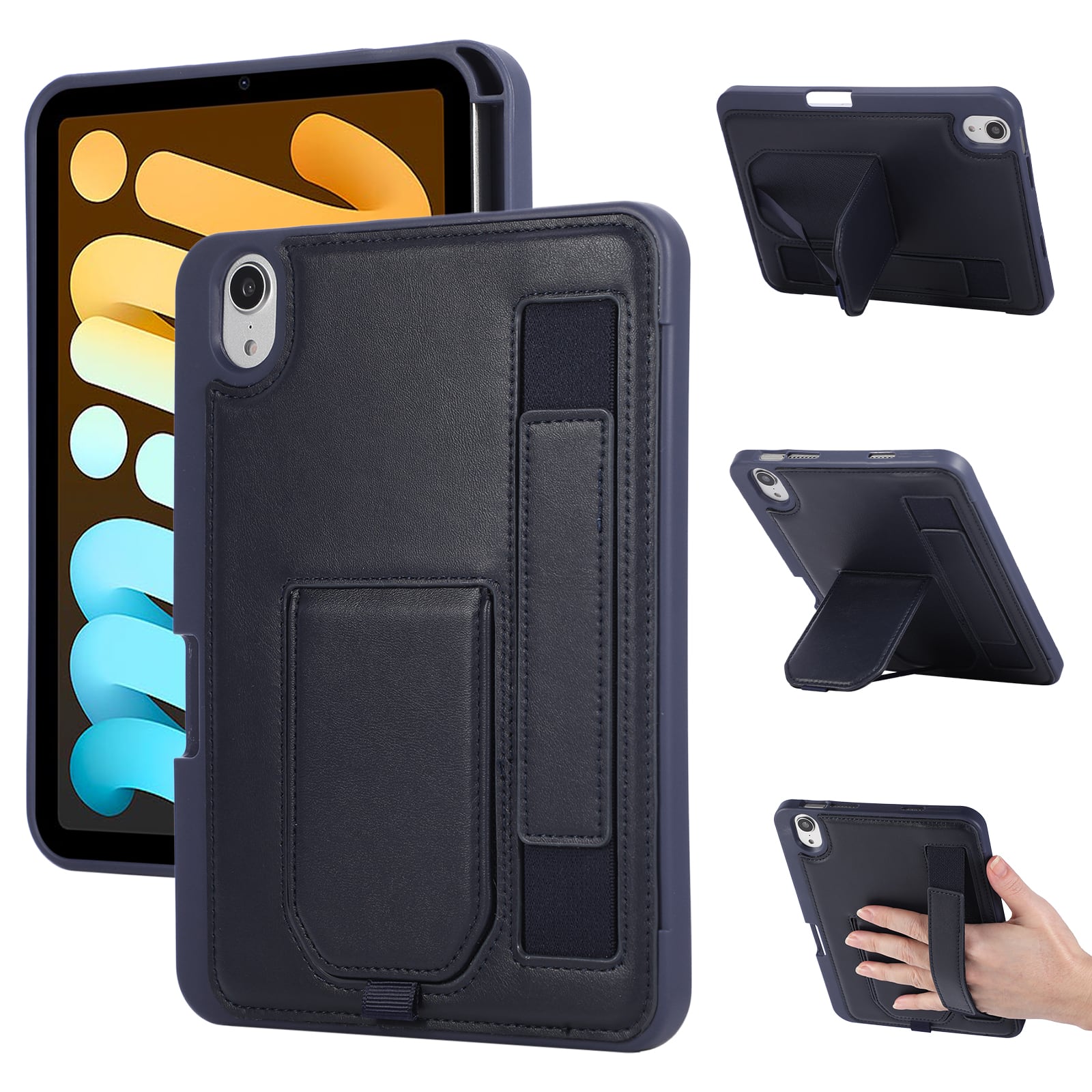 Dteck - Shockproof Case for Apple iPad mini (A17 Pro) 2024 with Hand Strap and Foldable Stand, PU Leather TPU Protective Cover - Blue