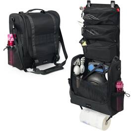 HTUTWOO - Camp Cooking Storage Caddy - Oxford Fabric Organizer with 3 Compartments, Removable Pouch, Hook System, Shoulder Strap - Black