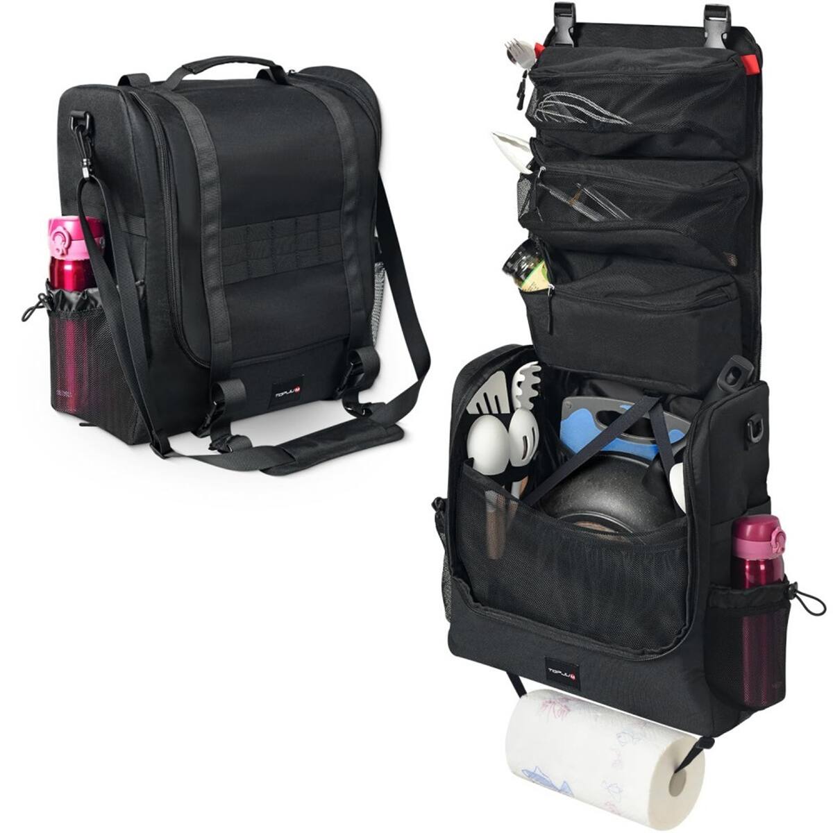 Front. HTUTWOO - Camp Cooking Storage Caddy - Oxford Fabric Organizer with 3 Compartments, Removable Pouch, Hook System, Shoulder Strap - Black.