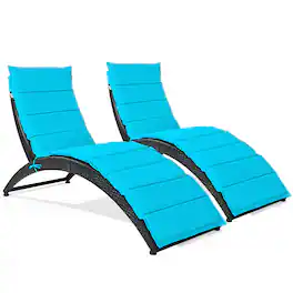 Costway - 2PCS Folding Patio Rattan Lounge Chair Chaise Cushioned Portable Garden - Turquoise