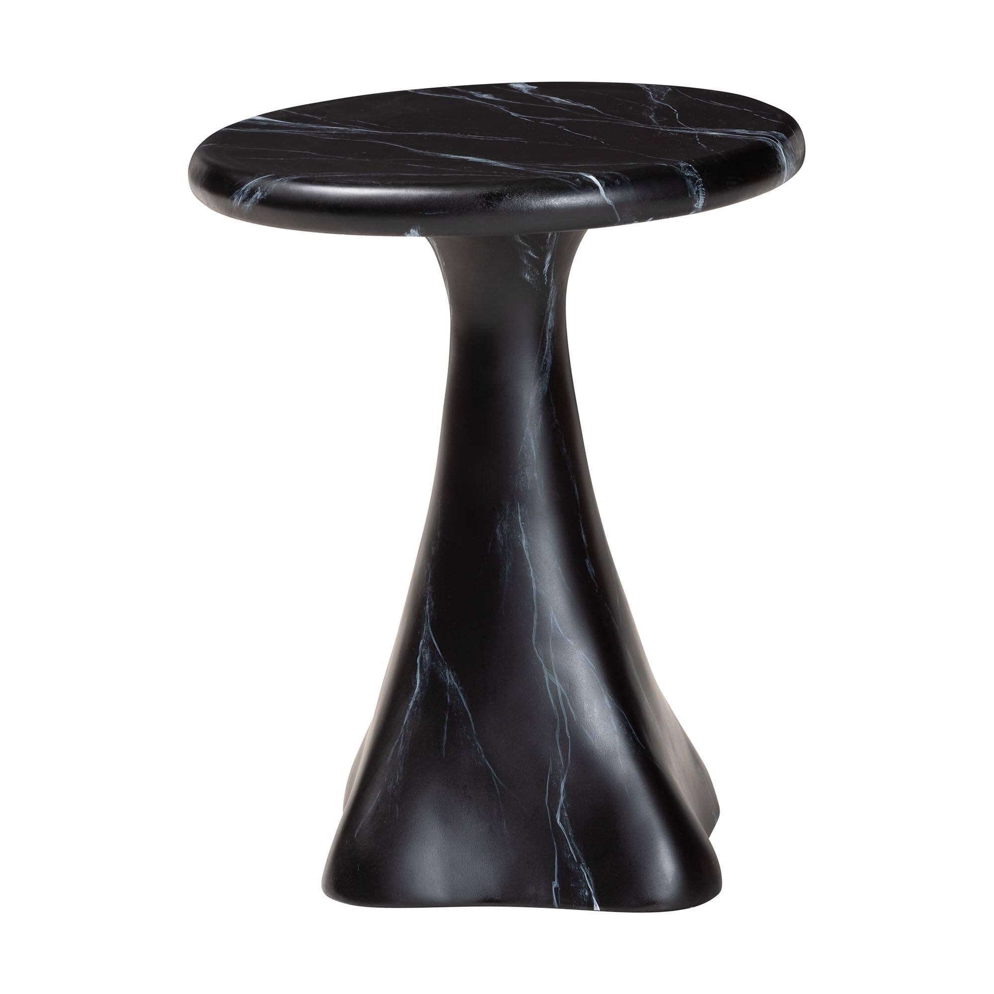 Angle. bali & pari - Aponi Marbled Resin End Table - Sculptural Side Table with Round Top and Pedestal Base, Black - Black.