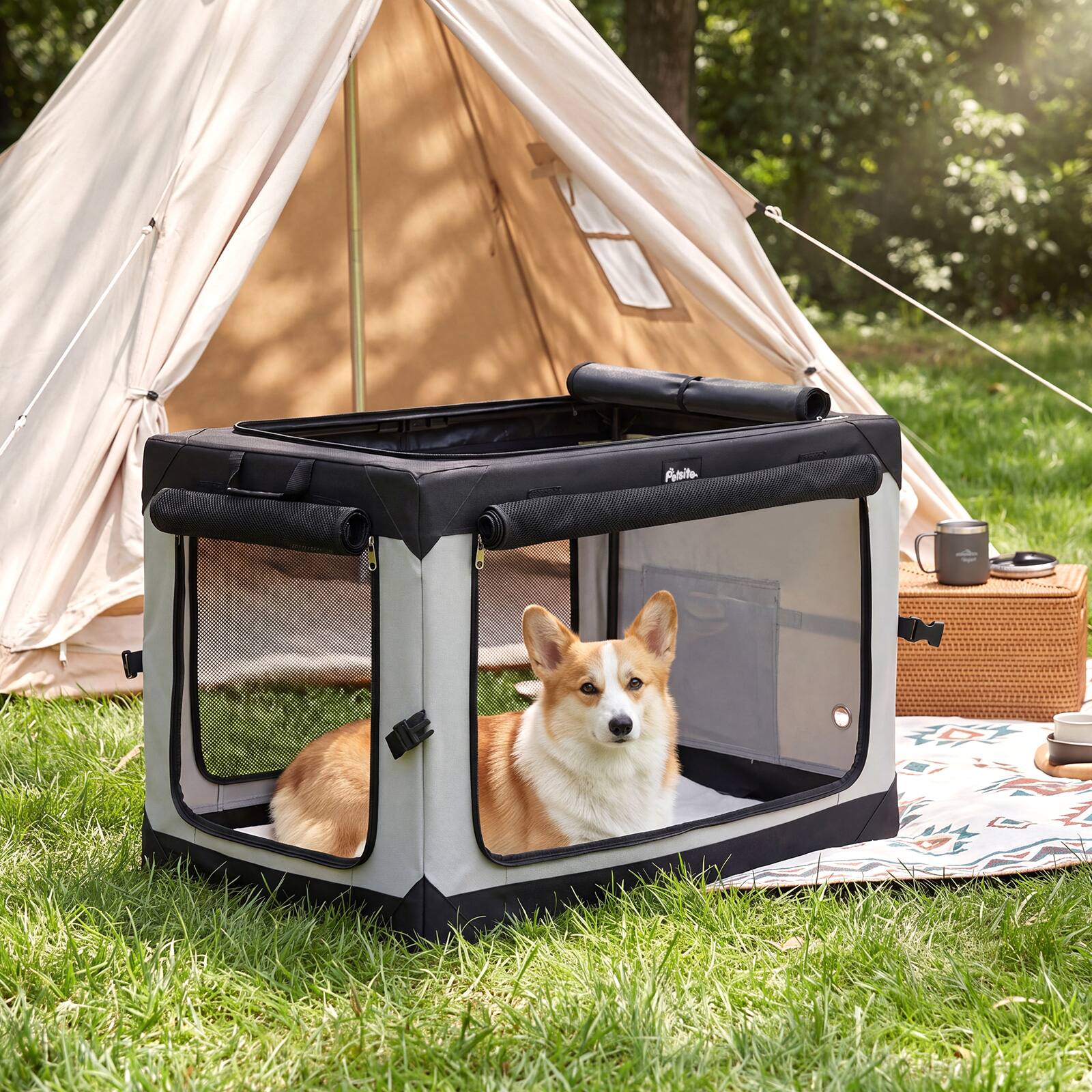 Alt View 1. Costway - Costway 30" x 21" x 21"Portable Collapsible Soft Dog Crate with 4 Mesh Doors Storage Pocket.