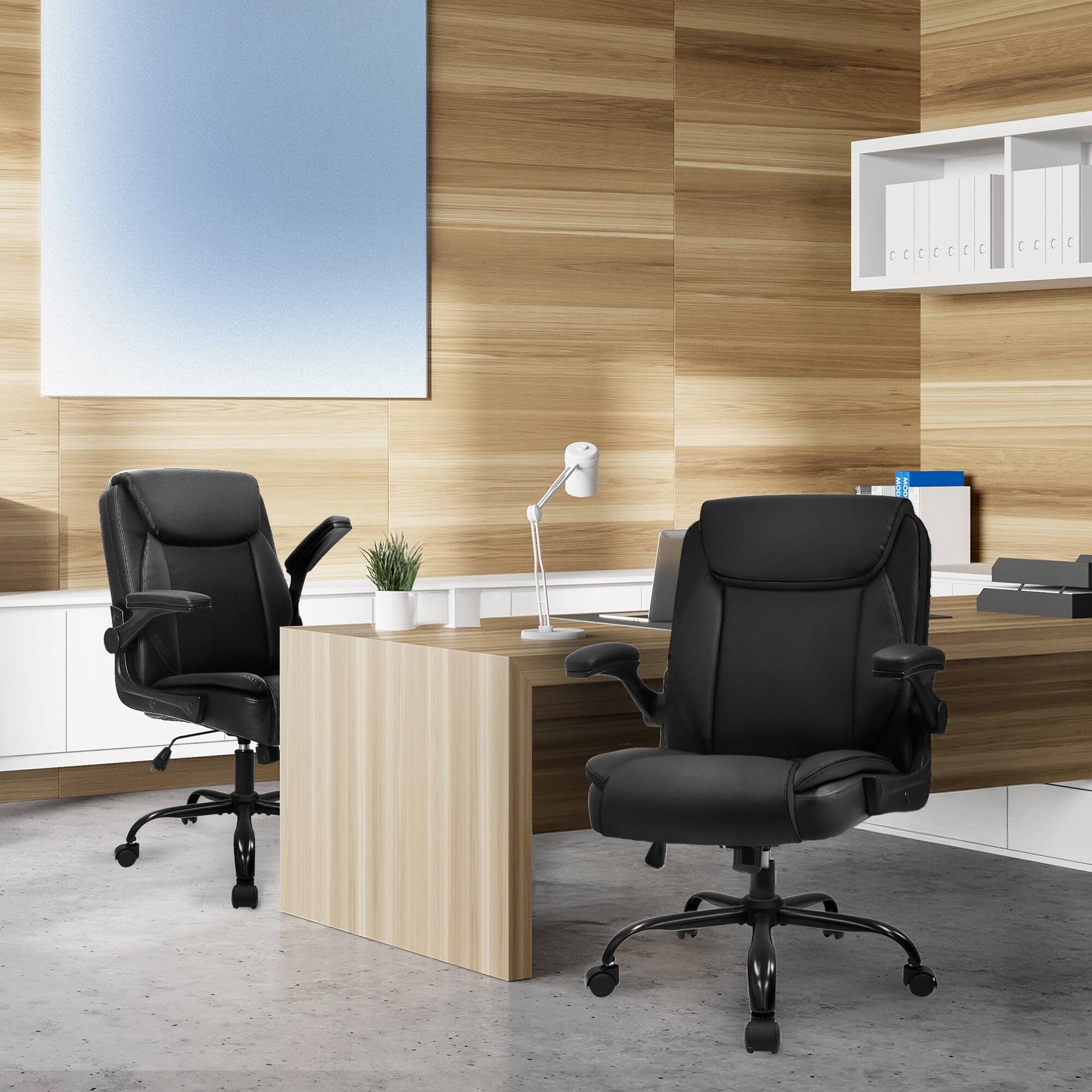 Angle. Neo Chair - Leather Office Chair, Ergonomic Mid-Back Computer Chair with Flip-Up Armrests, Padded Cushion & Swivel Wheels - 1. Jet Black.